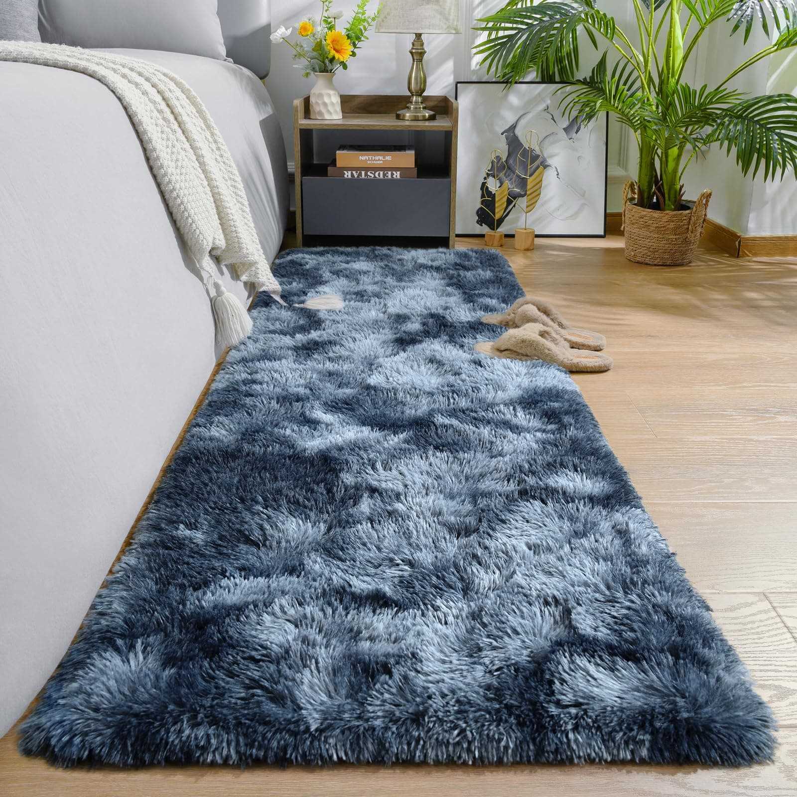 AROGAN Shag Carpets 2x8 Rug for Hallway, Washable Rugs Runners with Memory Foam for Bedroom, Entryway Indoor Fluffy Throw Rug for Beside Kids Girls Nursery Dorm, Blue and Grey