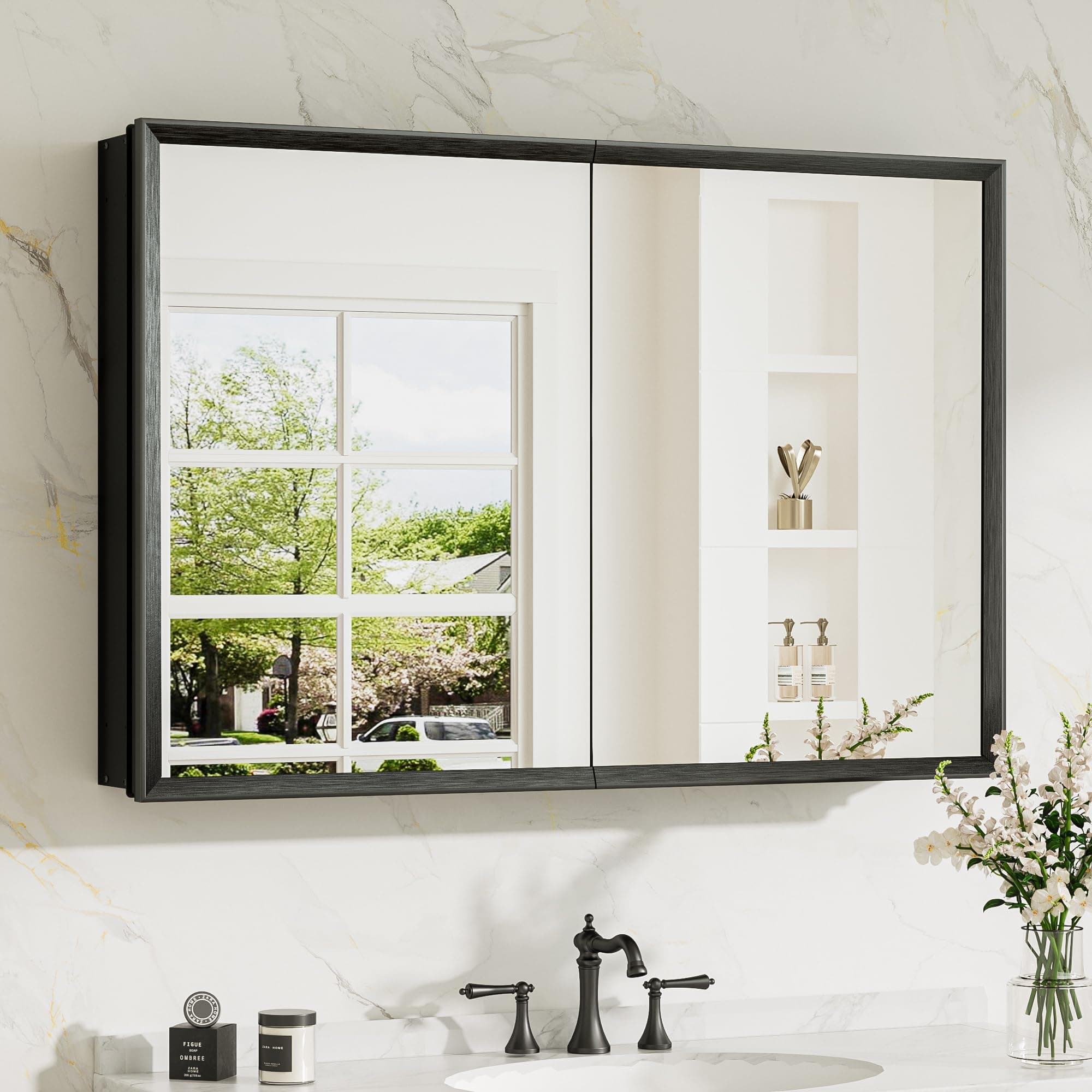 TokeShimi 36 x 24 Inch Black Medicine Cabinet with Mirror for Bathroom Cabinet Recessed/Surface-Mounted, Stepless Adjustable Shelves, Tempered Glass, Beveled Aluminum Frame