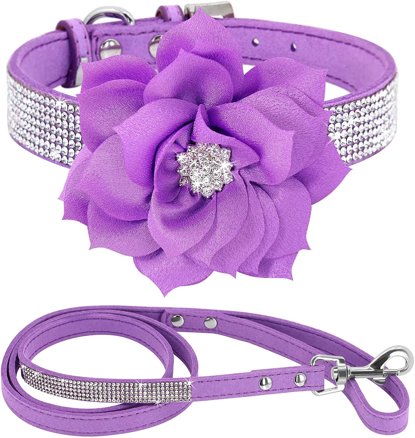 Pimaodog Cute Dazzling Sparkling Elegant Fancy Soft Suede Leather Bling Rhinestone Crystal Jeweled Pet Cat Dog Puppy Collar Dog Leash Combo Set (XS(Neck8-10), Purple-6)