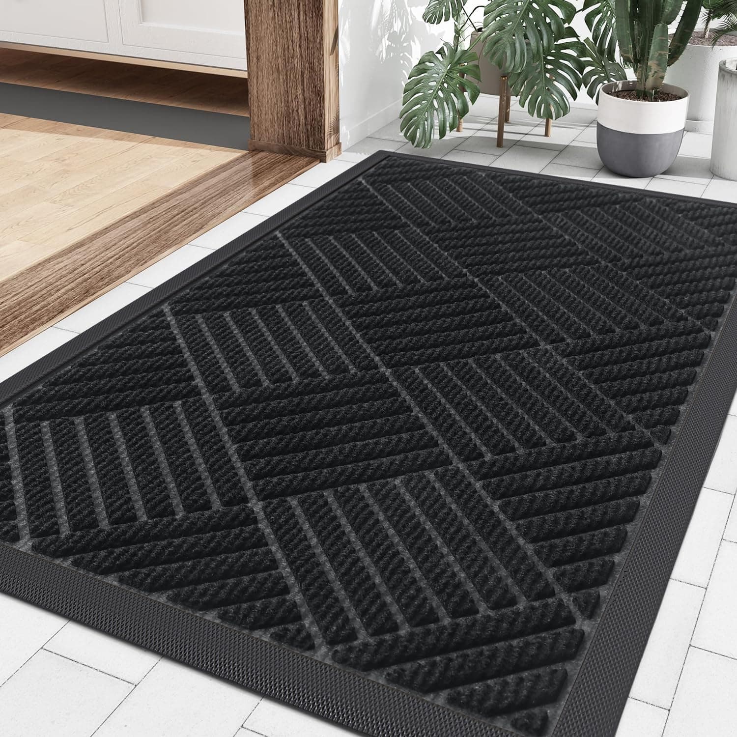 OLANLY Front Door Mat Indoor Outdoor, Heavy Duty Non Slip Rubber Doormat, Easy Clean Super Absorbent Welcome Mat, All Weather Capture Dirt Entryway Rugs, 35"x23", Black