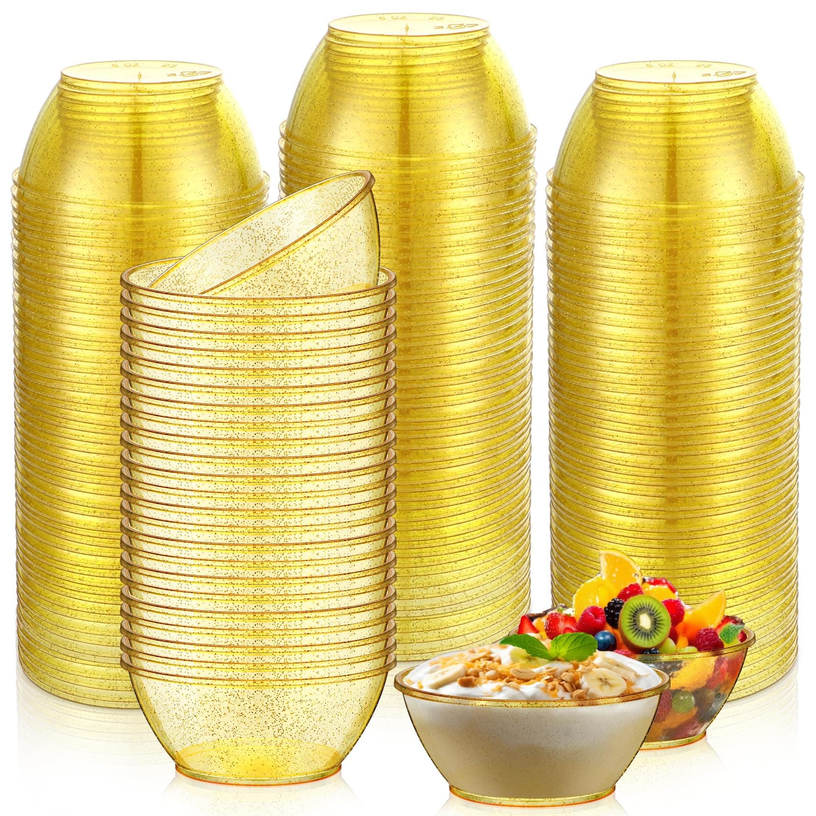 Yungyan 200 Pack Mini Hard Plastic Bowls 6oz Disposable Party Bowl Glitter Bowls Small Salsa Dessert Bowls Ice Cream Candy Fruit Serving Bowls for Wedding Baby Shower Birthday Valentine Party (Gold)