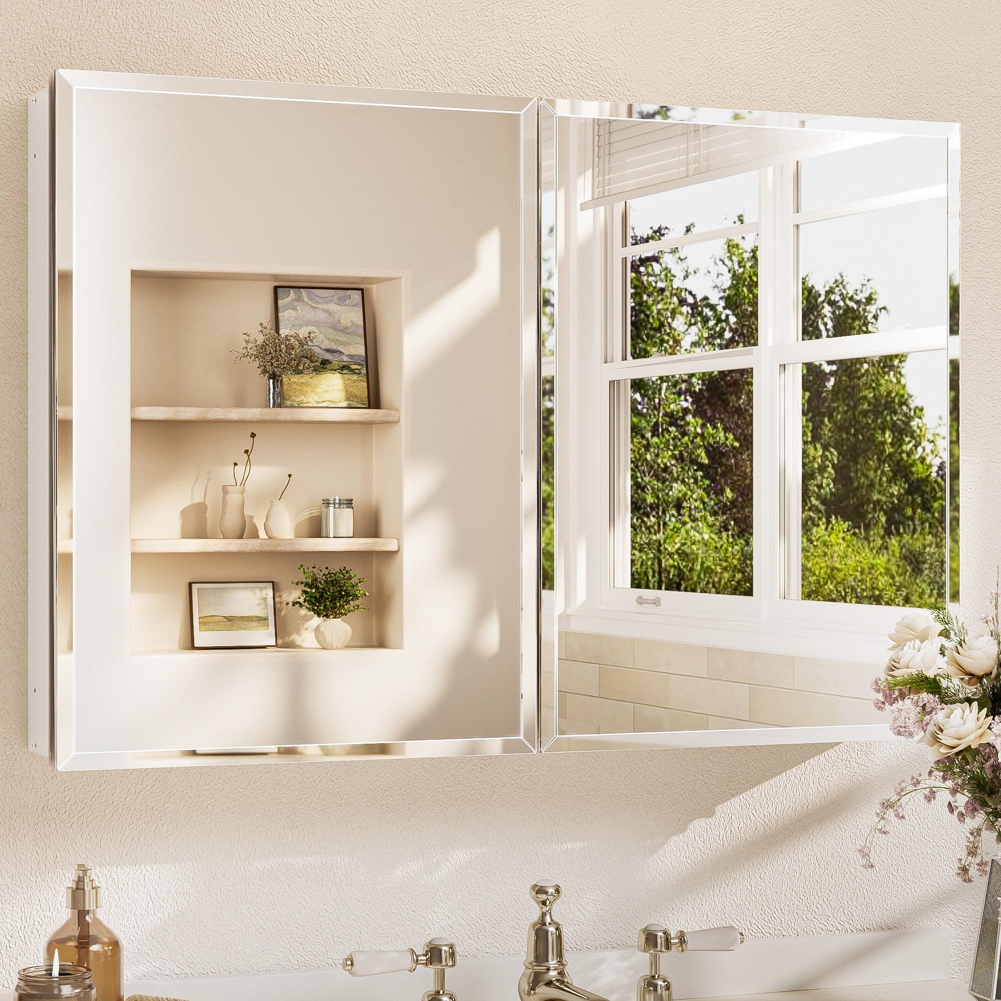 TETOTE Medicine Cabinet 36 x 24 Inch Silver Beveled Bathroom Mirror, Assembly Needed, Stepless Adjustable Shelves, Recessed or Wall-Mount, Tempered Glass, Soft Closing