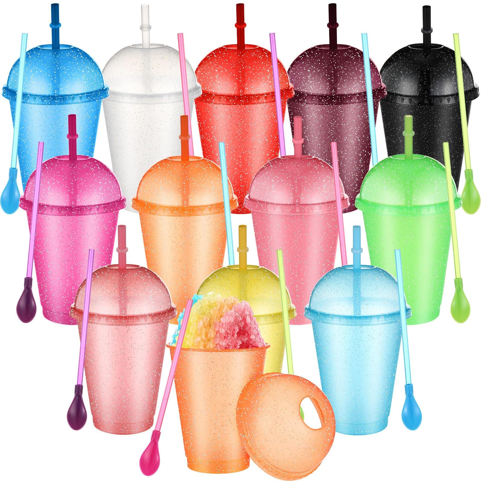Teenyyou 12 Pcs Slushie Cups Cups Milk Maker Cup with Dome Lids and Straws 2-in1 Detachable Spoon Straws Plastic Iced Coffee Cups for Birthdays Summer Party Supplies, 16 oz Mutiple Colors