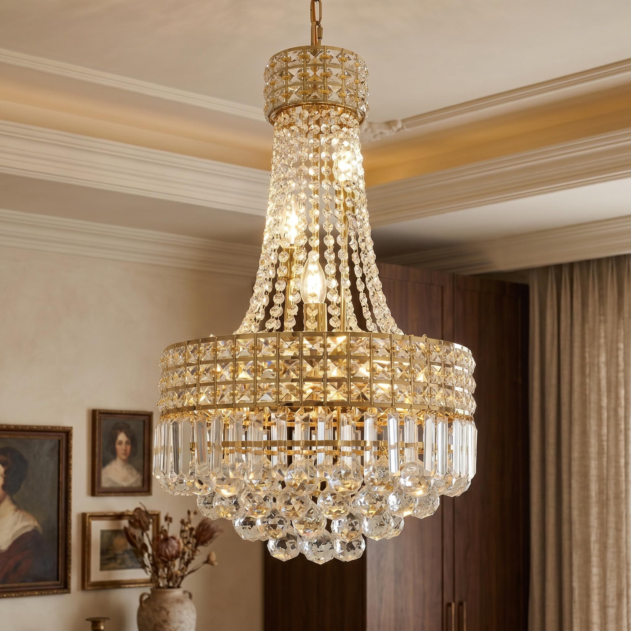 Crystal Chandelier Gold Chandelier for Dining Room Living Room 16.5 Inch