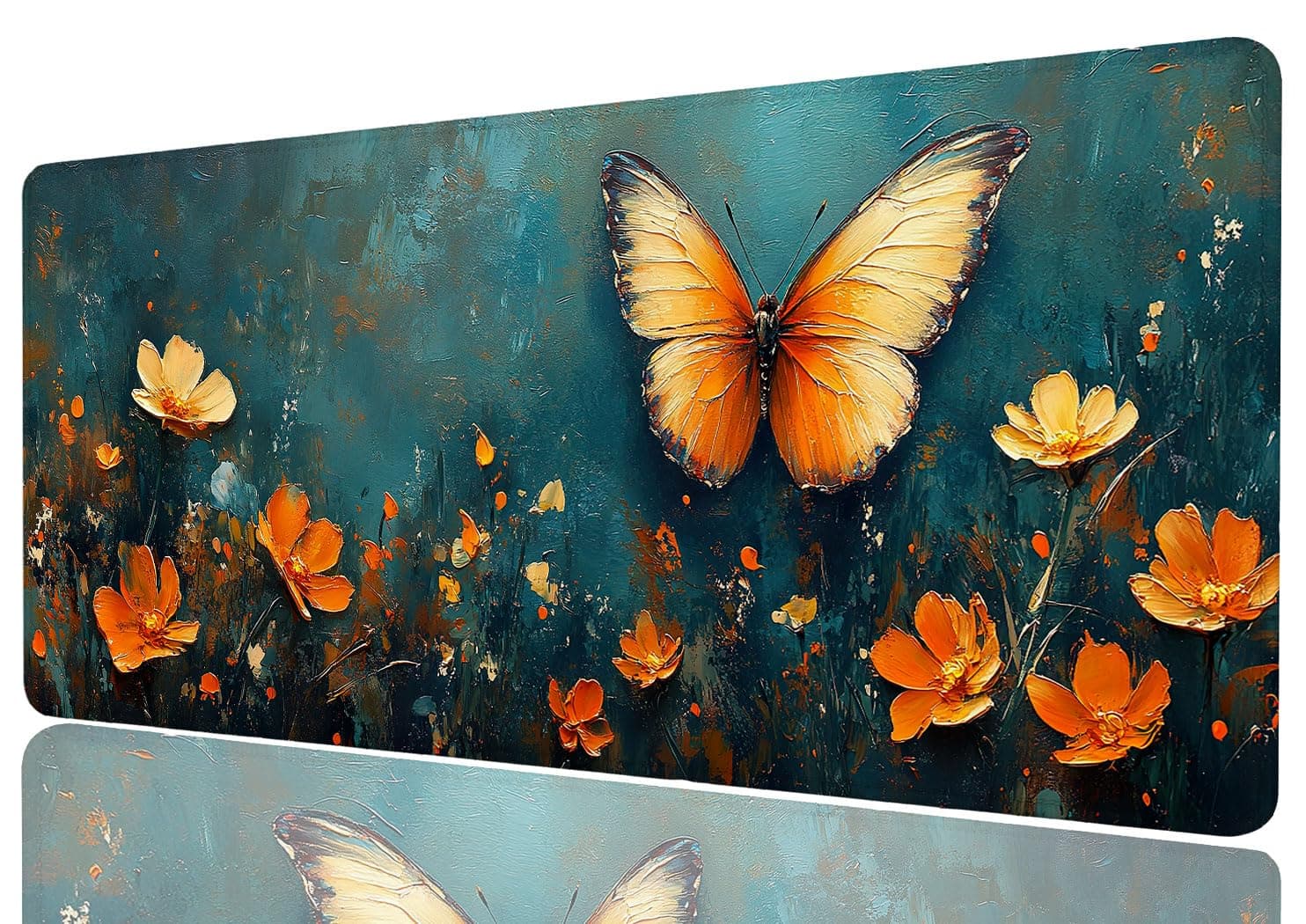 Butterfly Mouse Pad Flower Abstract Painting Yellow Large Desk Pad with Stitched Edges,Non-Slip Waterproof Rubber Base Mous Mat Office Computer Keyboard Laptop Home 31.5"x11.8"
