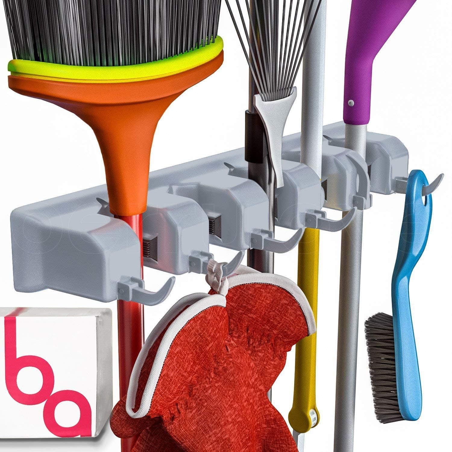 Berry Ave Broom Holder and Garden Tool Wall Mount Organizer for Rake or Mop Handles Up to 1.25-Inches (Grey)