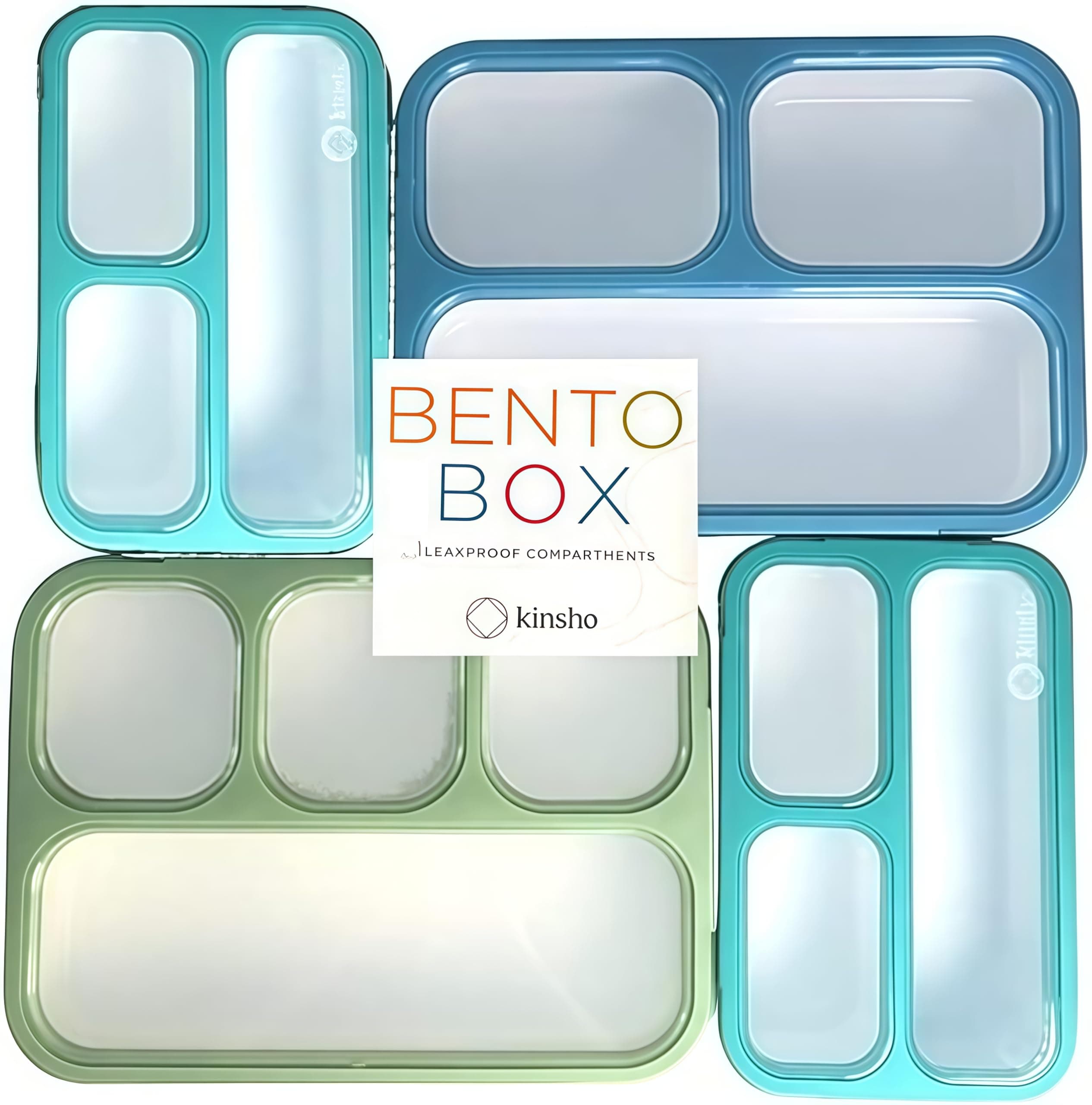 Leakproof Bento Lunch and Snack Boxes. Family Pack of 4 Meal Planning Portion Containers for Women, Adults. BPA Free. Utensils. Blue, Green