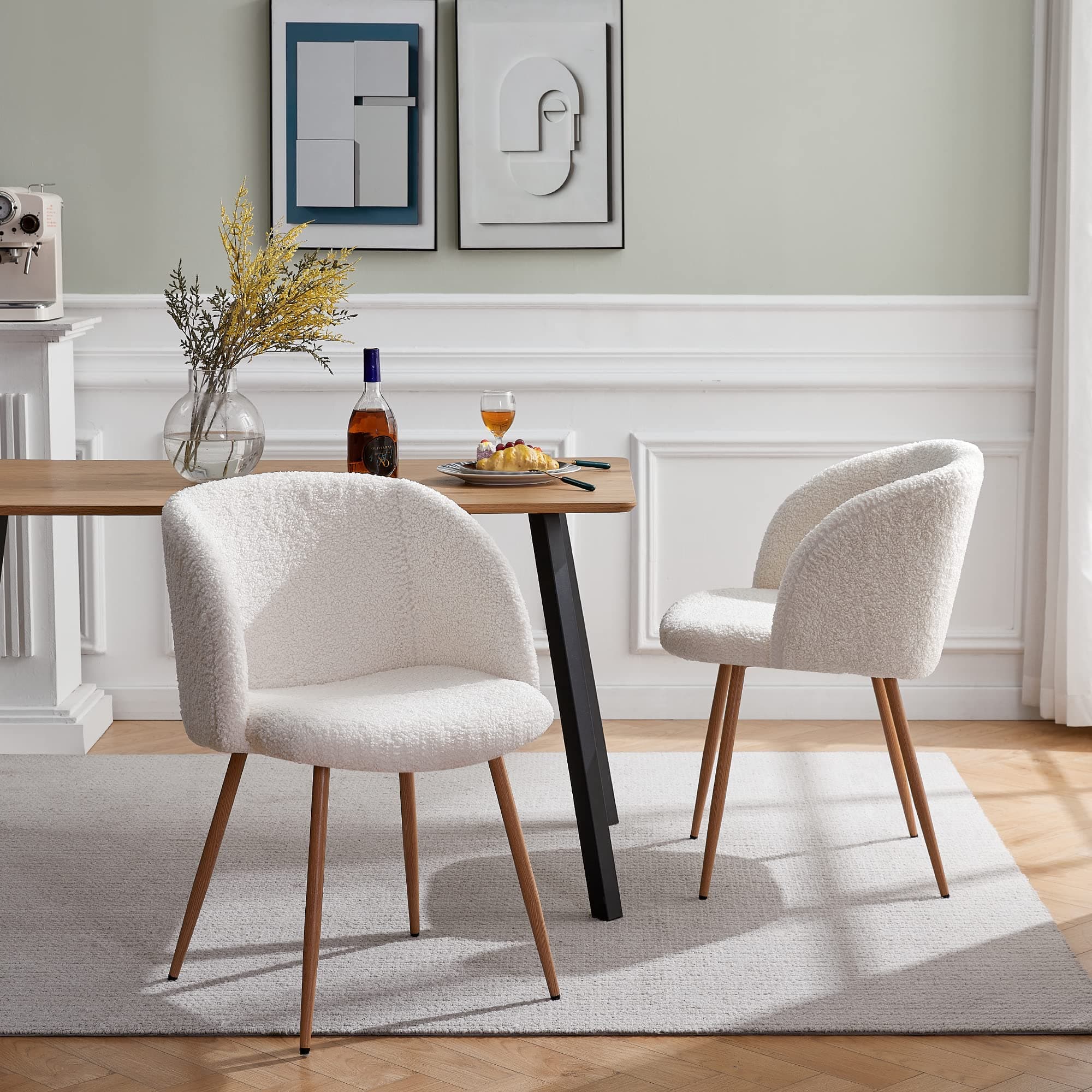 NORDICANA Accent Chairs Set of 2, Fuzzy Sherpa Dining Chairs with Barrel Back, Upholstered Faux Fur Armchairs with Wood Grain Color Metal Leg, Living Room Chairs (Off White)