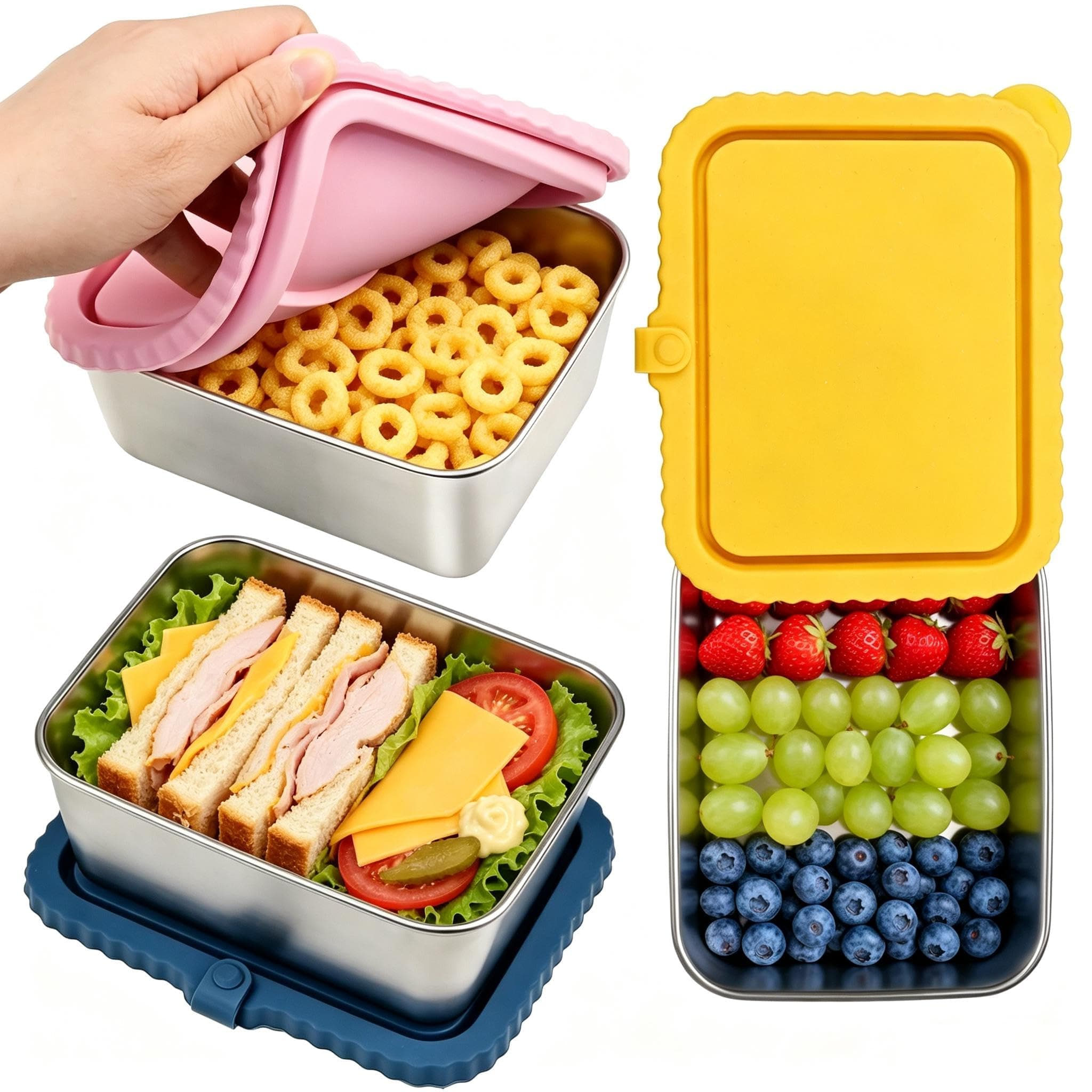 Eiyisem 600ml Stainless Steel Snack Containers (blue/pink/yellow)