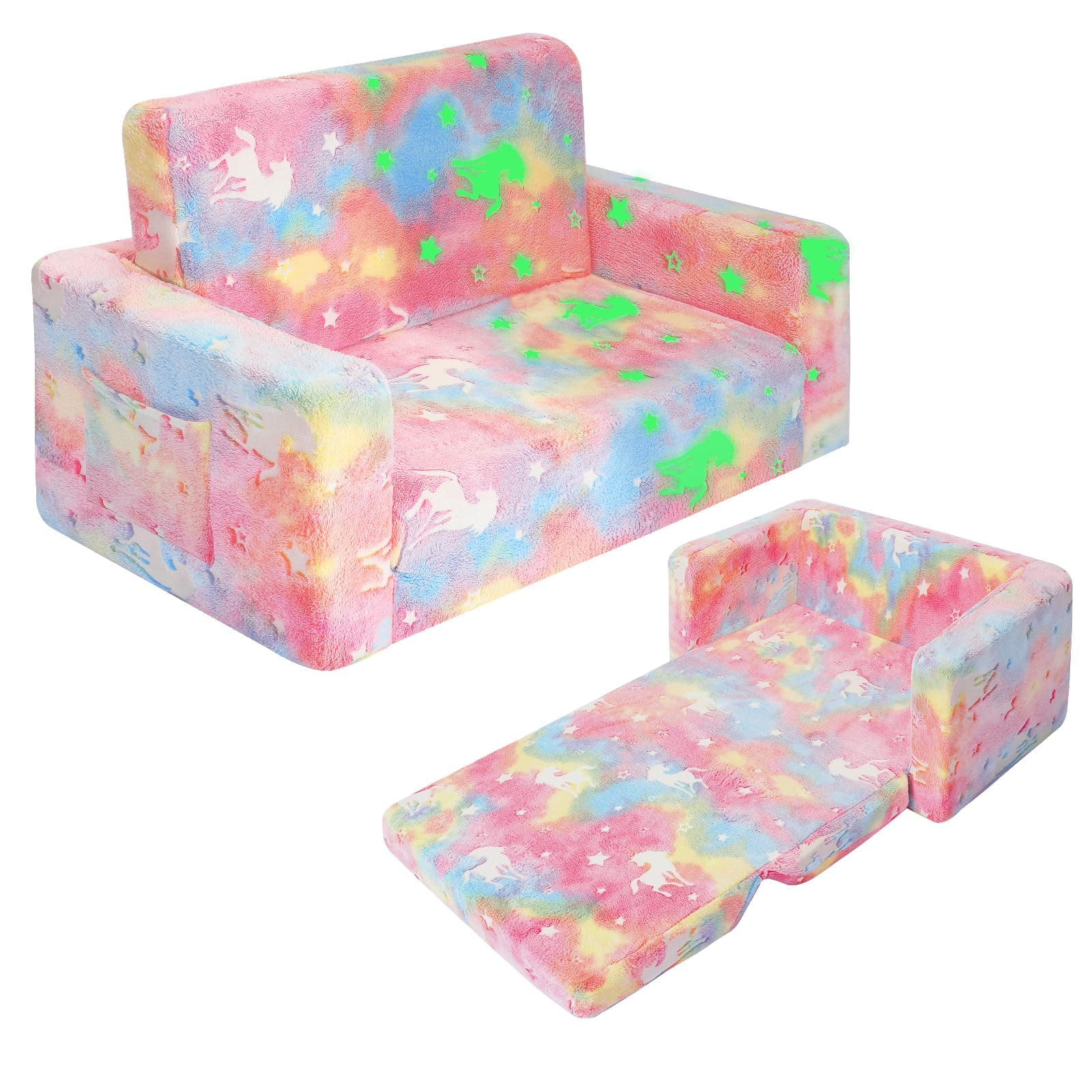 SLIGUY Kids Couch, Fold Out Kids Sofa Chair, Toddler Convertible Sofa to Lounger Pull Out Couch, Glow in The Dark Sofa Chair for Boys and Girls (Pink Unicorn)