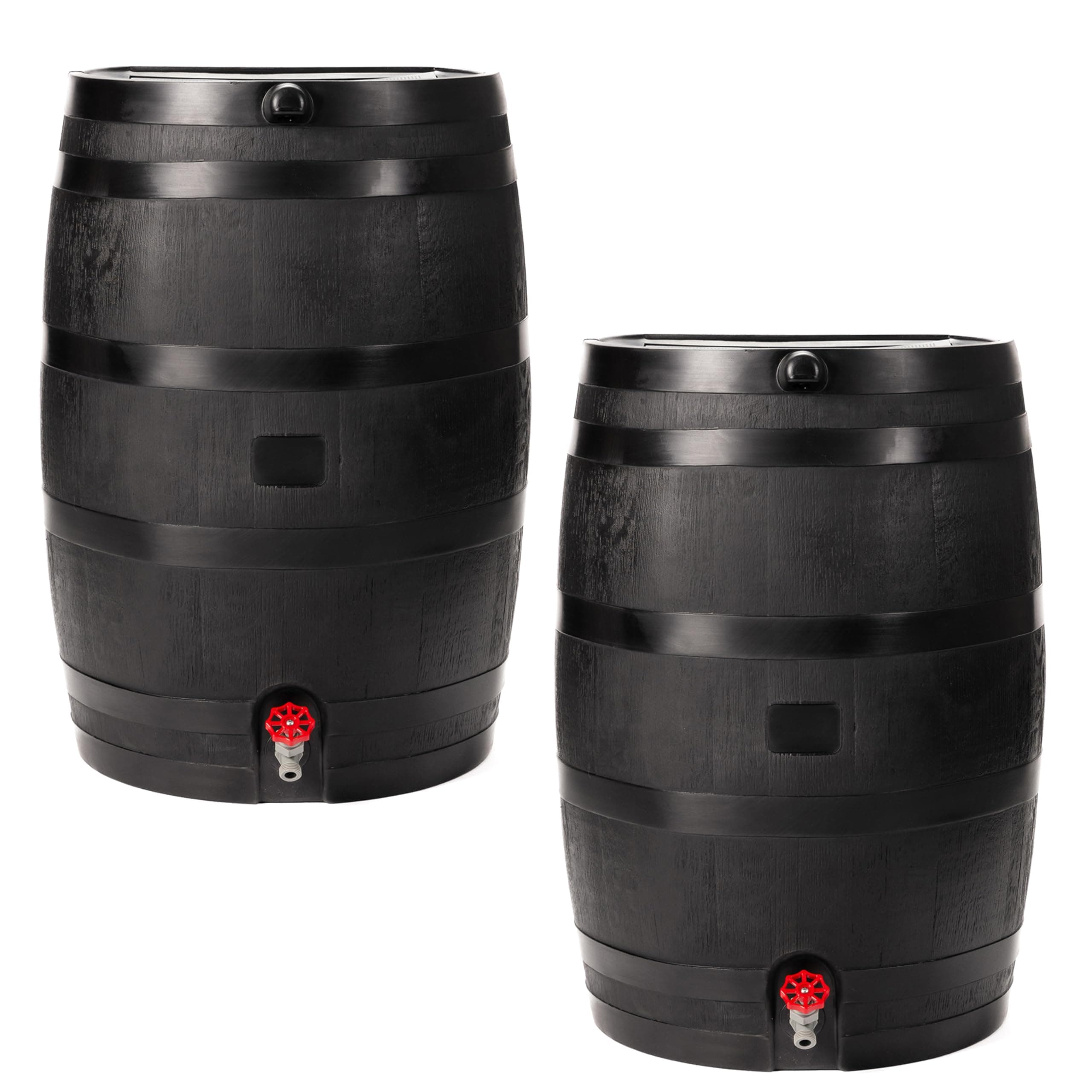 RTS Home Accents 50-Gallon ECO Rain Barrel Made with 100% Recycled Plastic, Flat Back Rain Water Collection Barrel, Link Kit Included, Black (2 Pack)