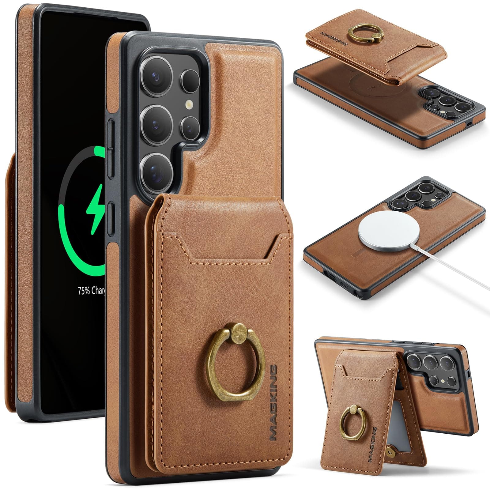 Oidealo Strong Magnetic Leather Wallet Case for Samsung Galaxy S25 Ultra, Compatible with MagSafe, Shockproof Protective Phone Case Detachable Wallet RFID Blocking Card Holder Ring Grip Stand (Brown)