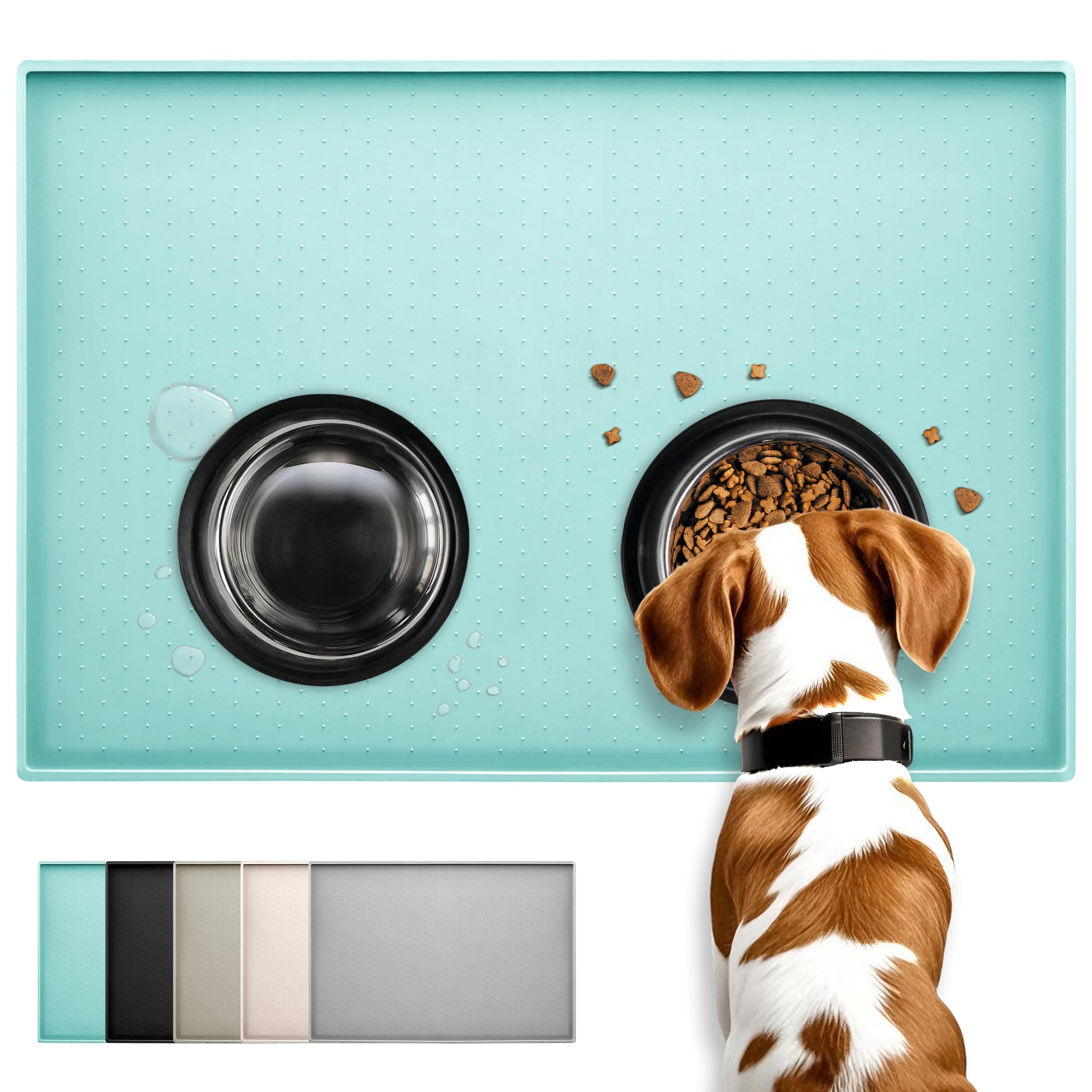 Conlun Silicone Pet Food Mat, 18.5"x 11.5" Rubber Dogs and Cats Bowl Mat, Anti-Slip, Waterproof, Raised Edge Avoid Water Spilling Out, Easy Clean in Dishwasher, Turquoise
