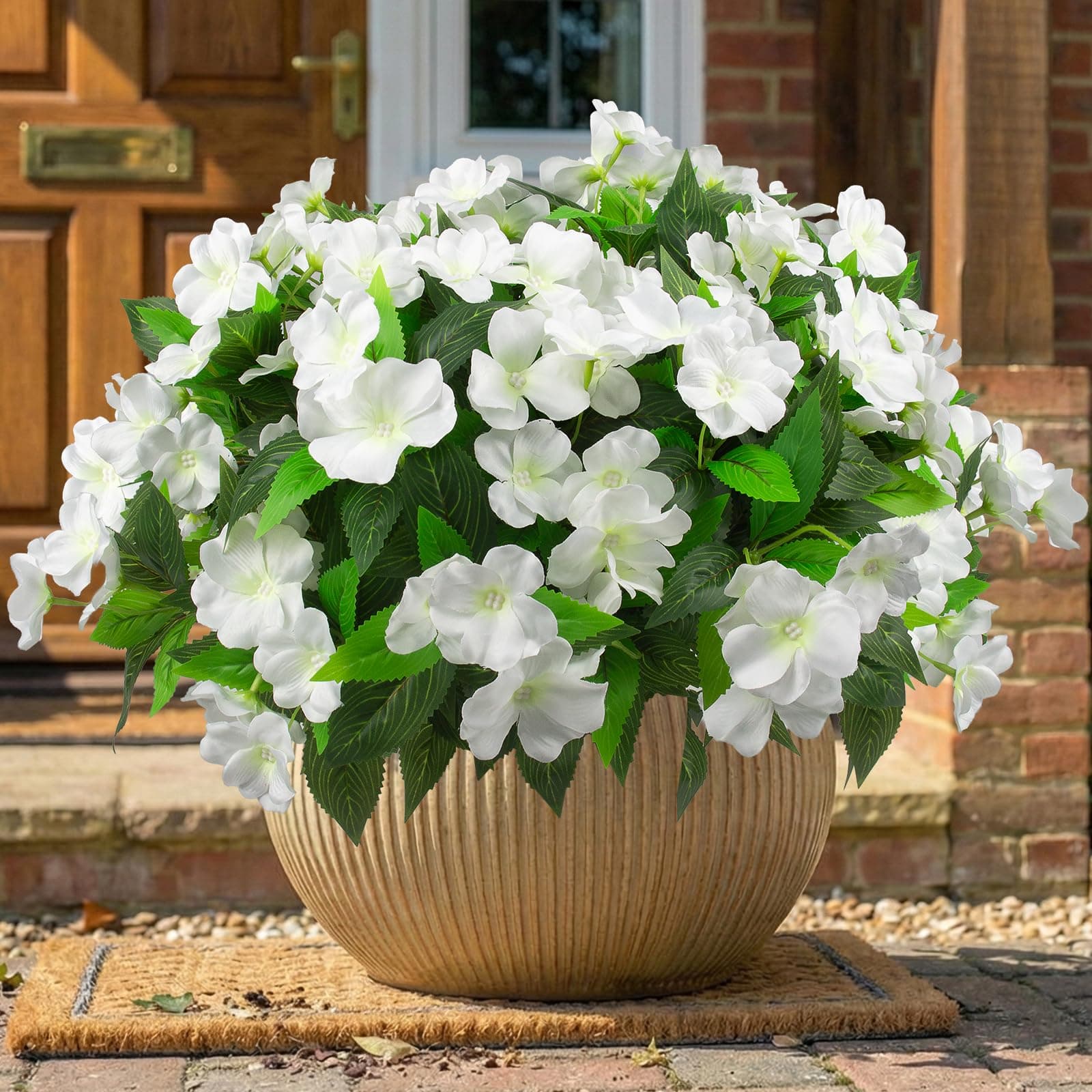 Daynight 4 Pcs Artificial Impatiens Flowers for Outdoor Flowers Faux Flowers Impatiens Bushes Silk Artificial Flowers Bouquet for Patio Garden Pot Hanging Basket Porch Decor (4, White)