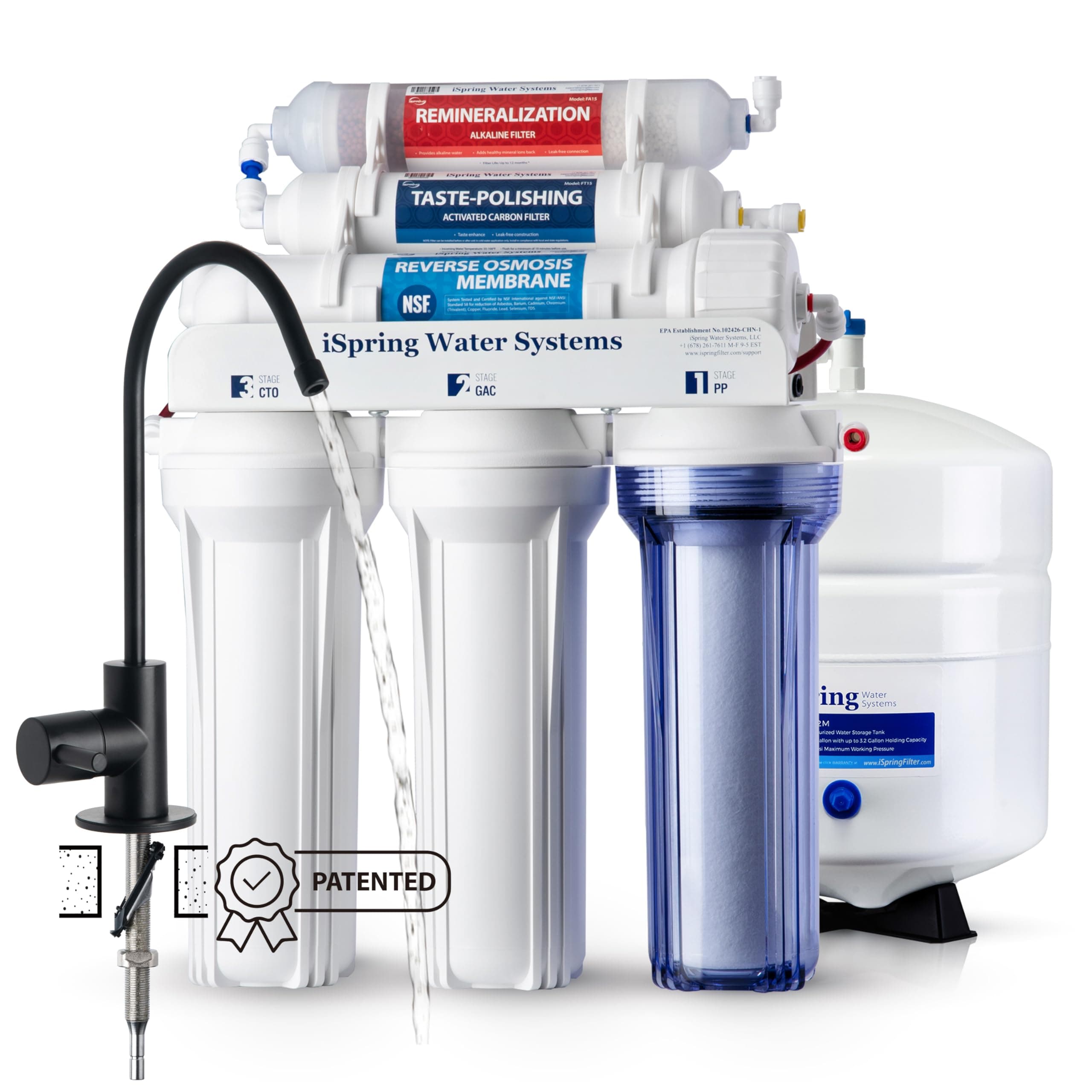 iSpring RCC7AK-BLK, NSF/ANSI 58 Certified, Alkaline 6-Stage Reverse Osmosis System with Stylish Black RO Faucet, pH+ Remineralization RO Water Filter System Under Sink
