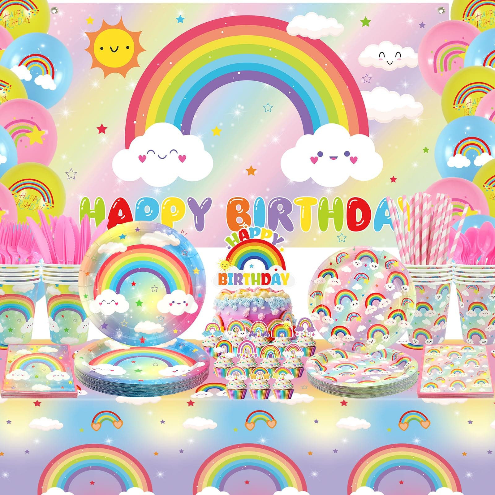 Obussgar Rainbow Birthday Party Decorations - Rainbow Party Supplies including Backdrop, Plate, Cake Topper, Cup, Napkin, Balloon, Tablecloth - Serves 20