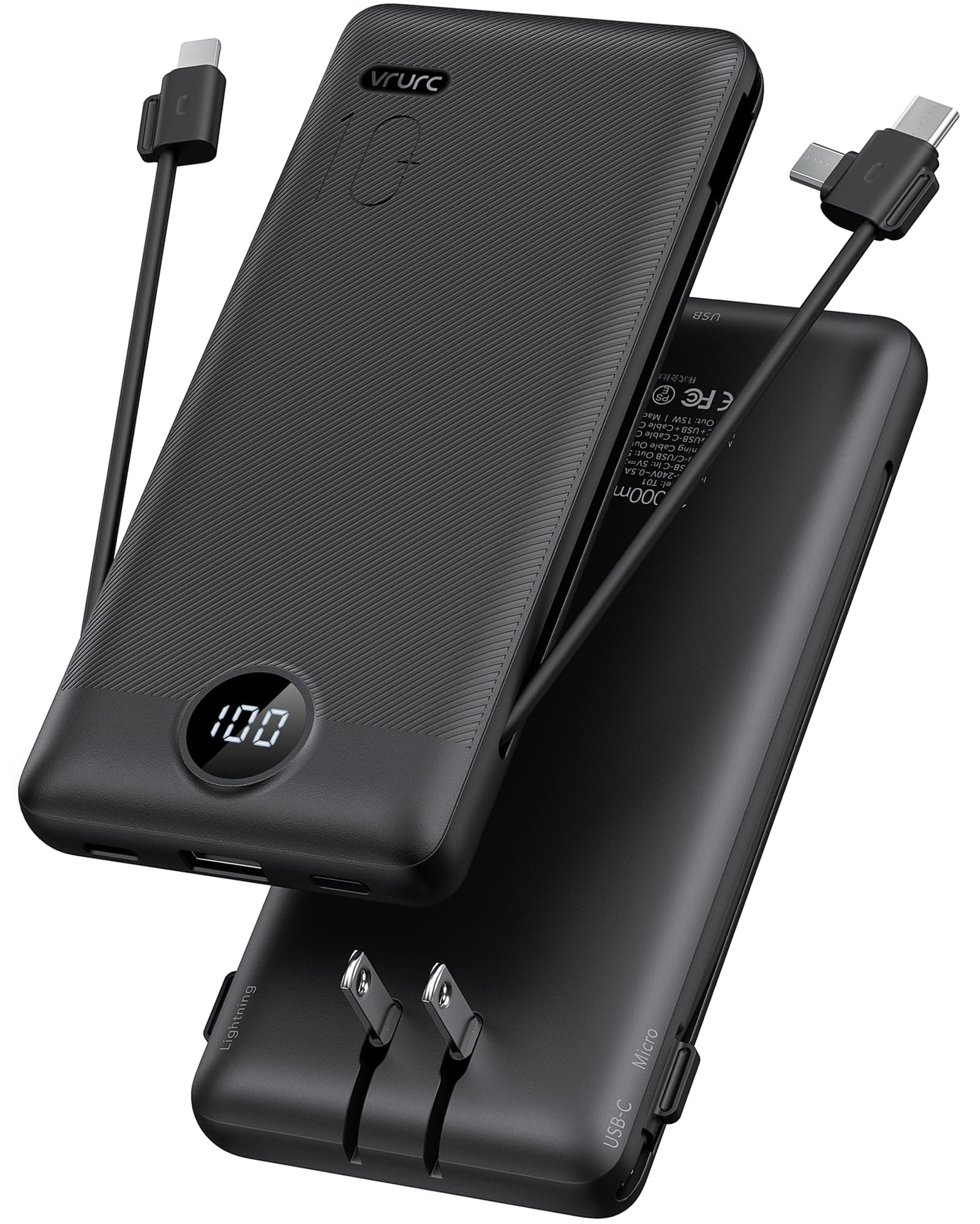 VRURC Portable Charger, Power Bank Built-in Cables and AC Wall Plug