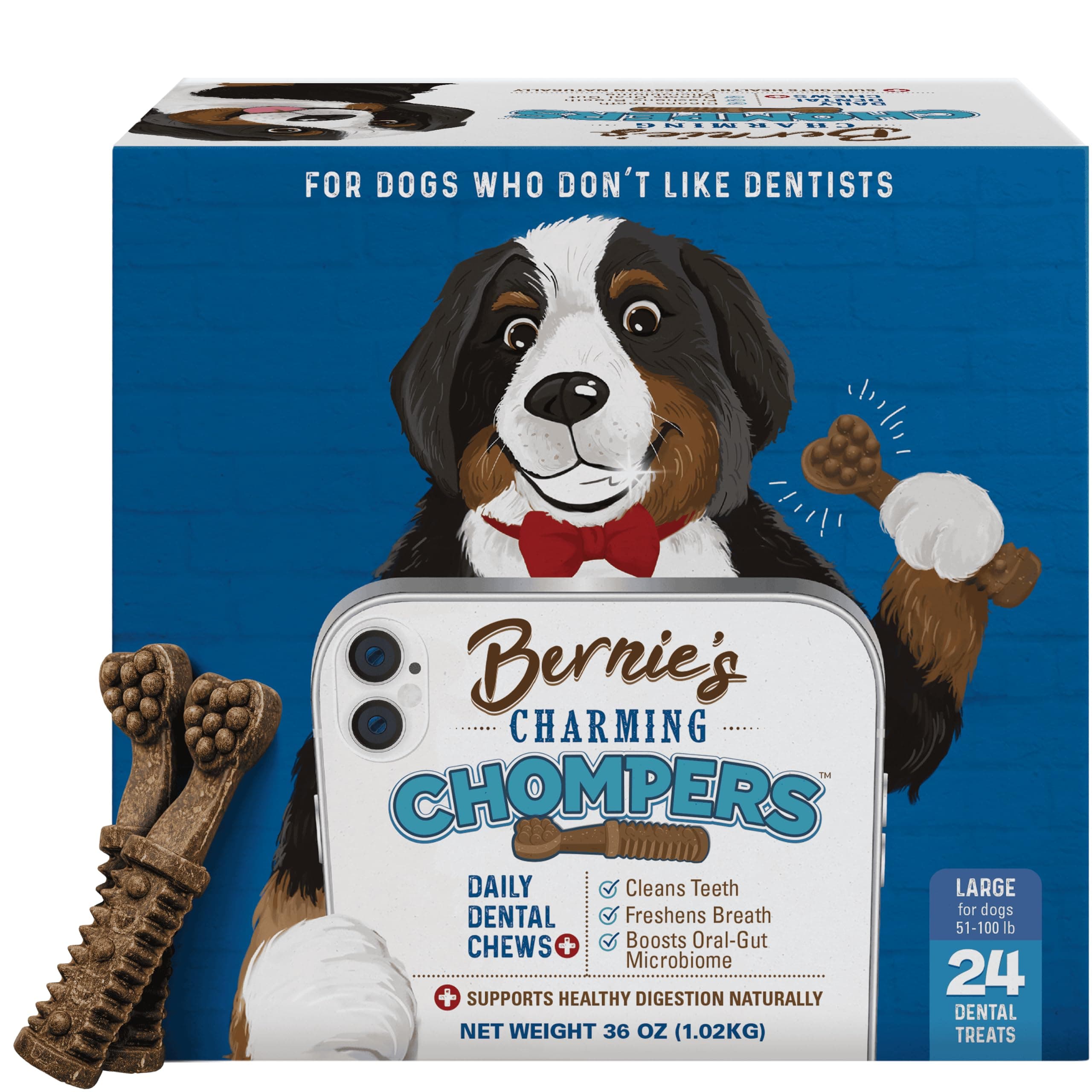 Bernie's Charming Chompers Dog Dental Chews, Gut Support, 51-100 lb, 24 Ct