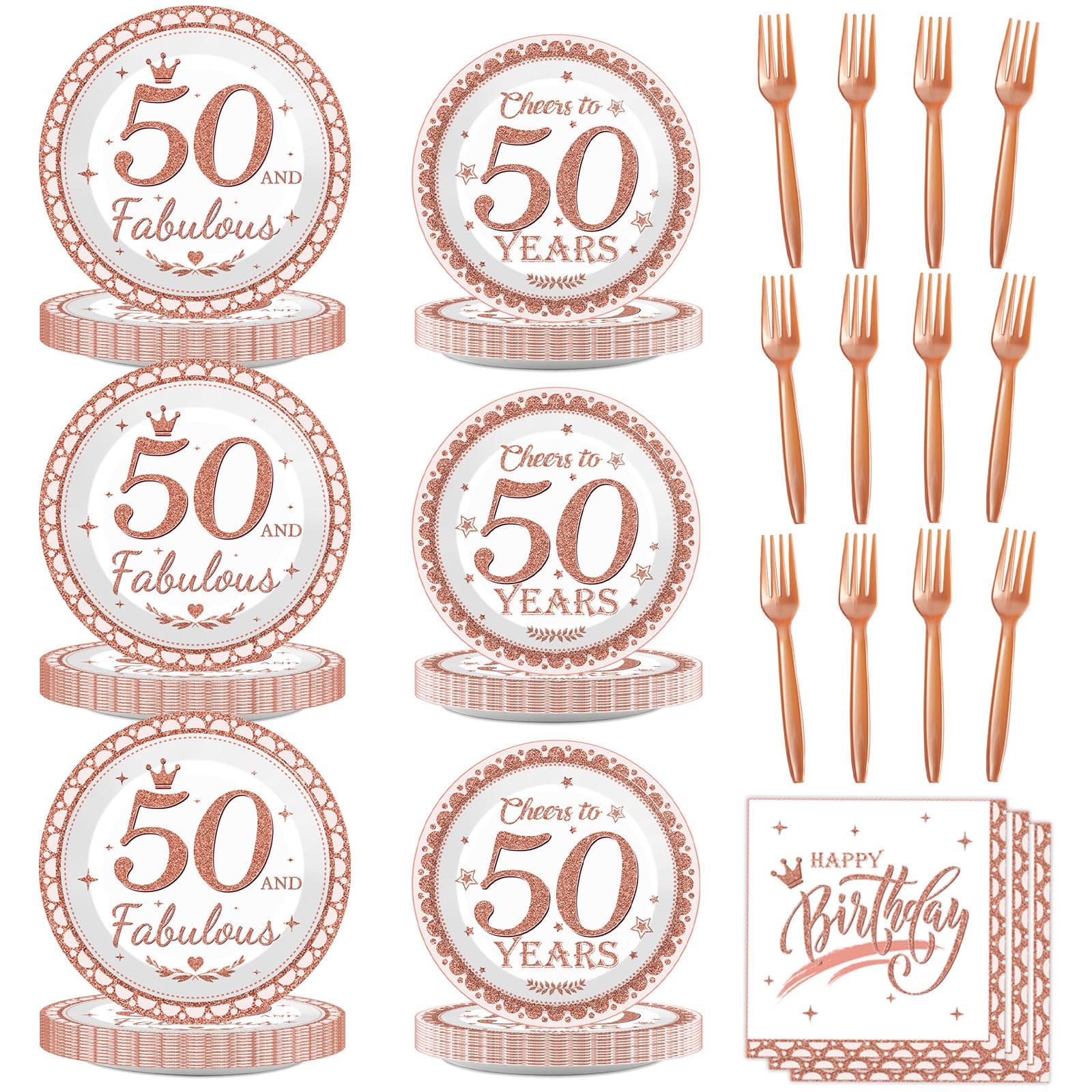 50th Birthday Rose Gold Party Tableware Set Glittery Sprinkles Happy Birthday Party Decorations 96 Pcs Rose Gold Birthday Plates Table Decors for Women Girl Birthday Plates Napkins Forks for 24 Guests