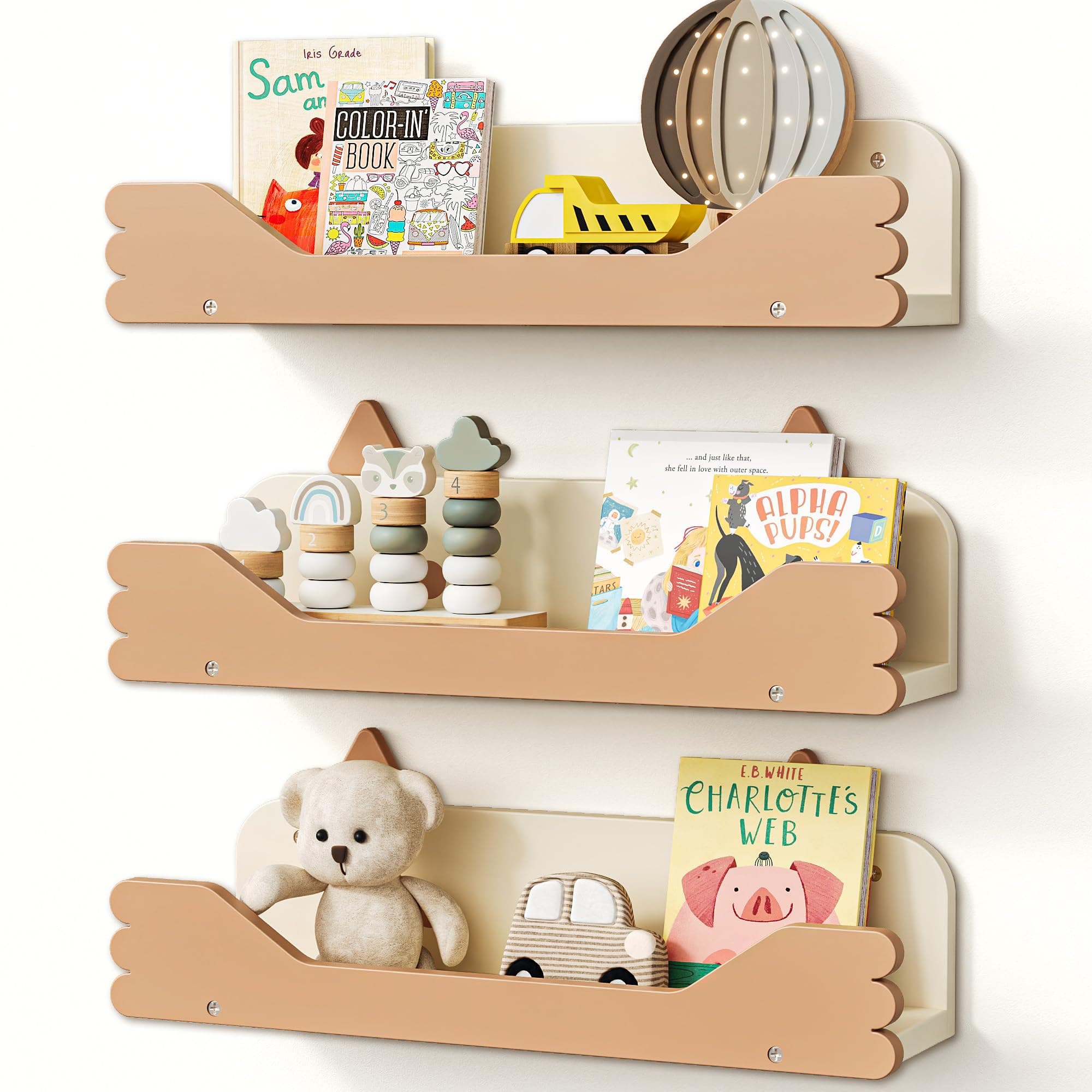TomVista Nursery Floating Shelves, 16.5 Inches Cute Decorative Shelf for Home Living & Bedroom Decor White/Sandy Beige, Set of 3