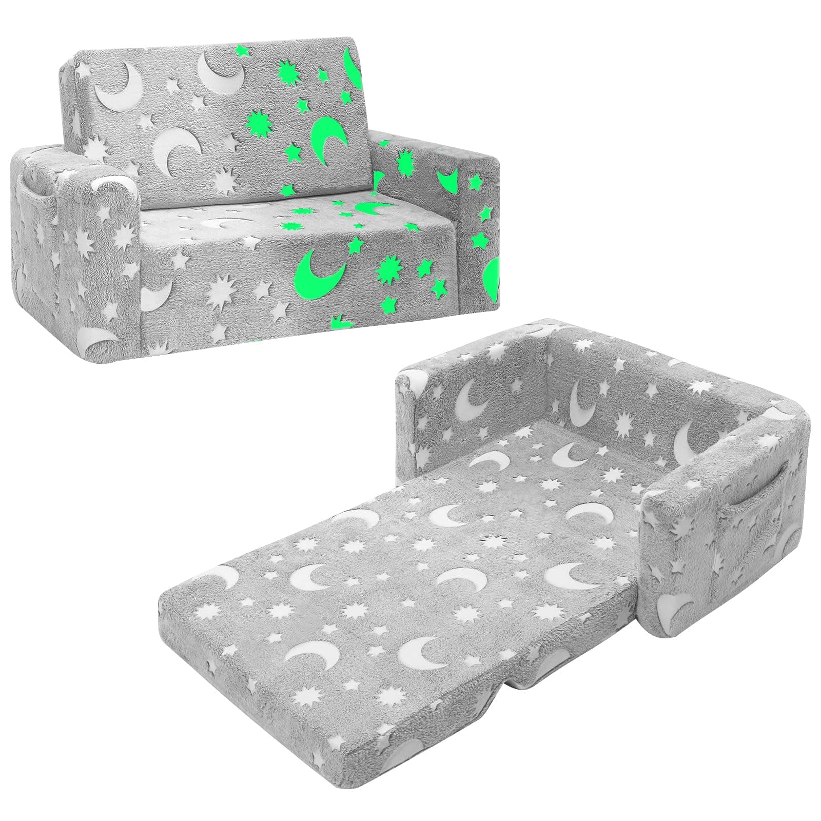 SLIGUY Kids Couch, Fold Out Kids Sofa Chair, Toddler Convertible Sofa to Lounger Pull Out Couch, Glow in The Dark Sofa Chair for Boys and Girls Large (Grey)