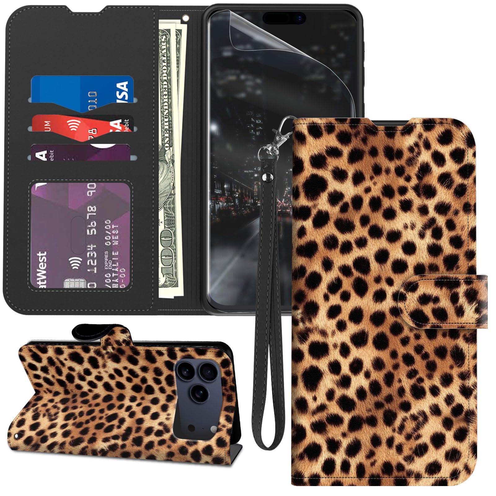 GYSYZJDH for iPhone 17 Pro Max Case Wallet with Screen Protector, Stand PU Leather Flip Folio Cover with Card Holder, Full-Body Protection Phone Case for iPhone 17 Pro Max, Leopard Print