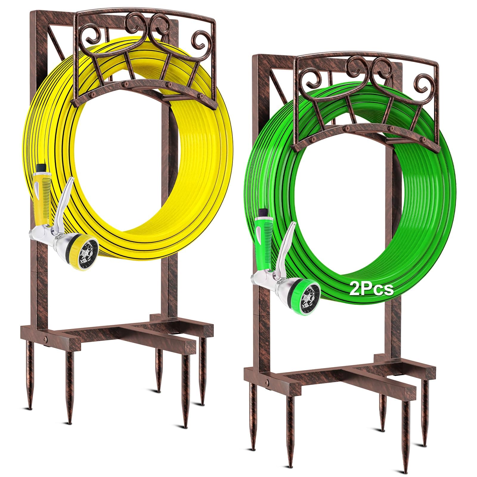Garden Hose Holder, Heavy Duty Metal Water Hose Holders Hose Stand with 5 Spikes, Freestanding Hose Storage Rack Hose Hanger Holds 150ft Hose for Outside Yard Lawn Garden Decor (Vintage Copper-2P)