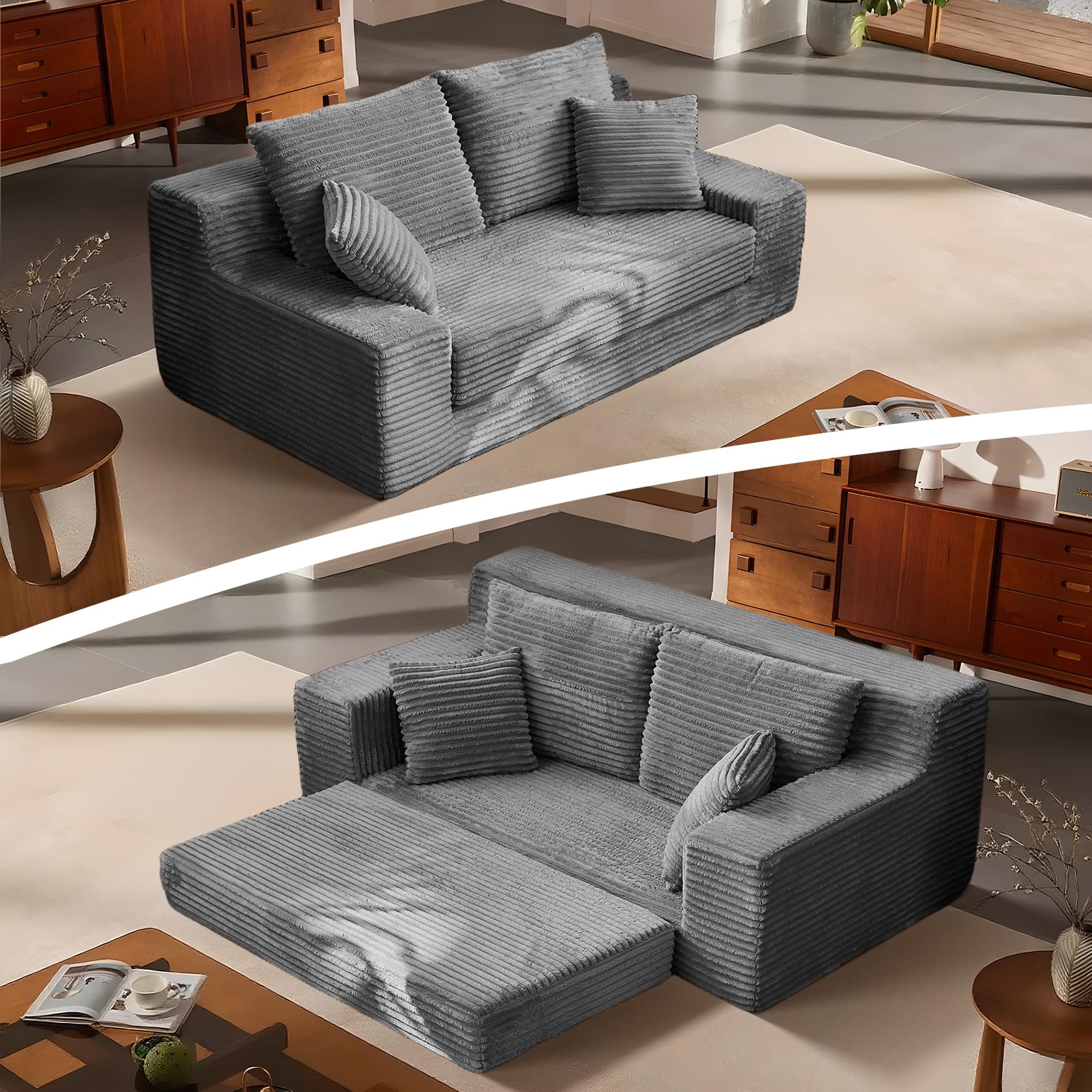 YOOBECH Convertible Sofa Bed, 2 in 1 Folding Sofa Bed Pull Out Loveseat Sleeper Sofa Fold Out Floor Couch Thick Cushion for Living Room Bedroom Apartment,Grey