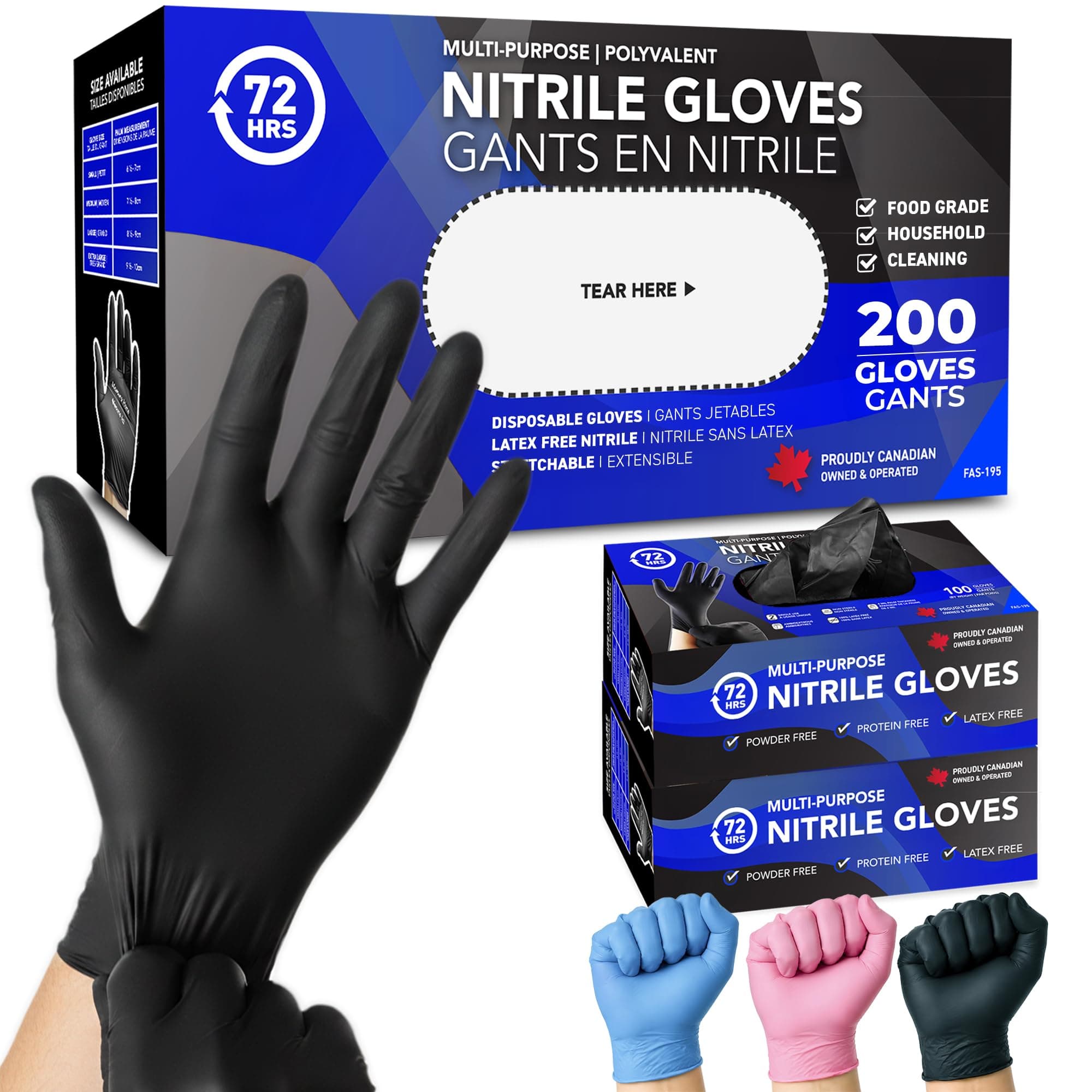 72HRS Black Nitrile Gloves - 4 Mil Disposable Gloves (200 Pieces, Medium)