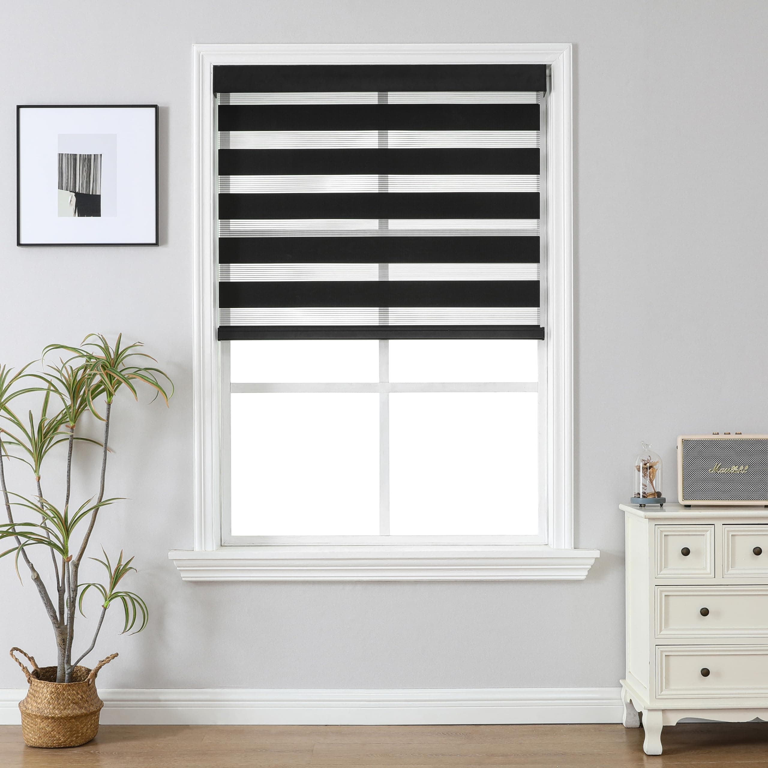 Joydeco Cordless Zebra Blinds (Pro), Dual Layer Light Control Zebra Blinds for Windows, Light-Proof Aluminum Cover, Free-Stop Roller Shades for Home & Office (Black, 48" W x 75" H)