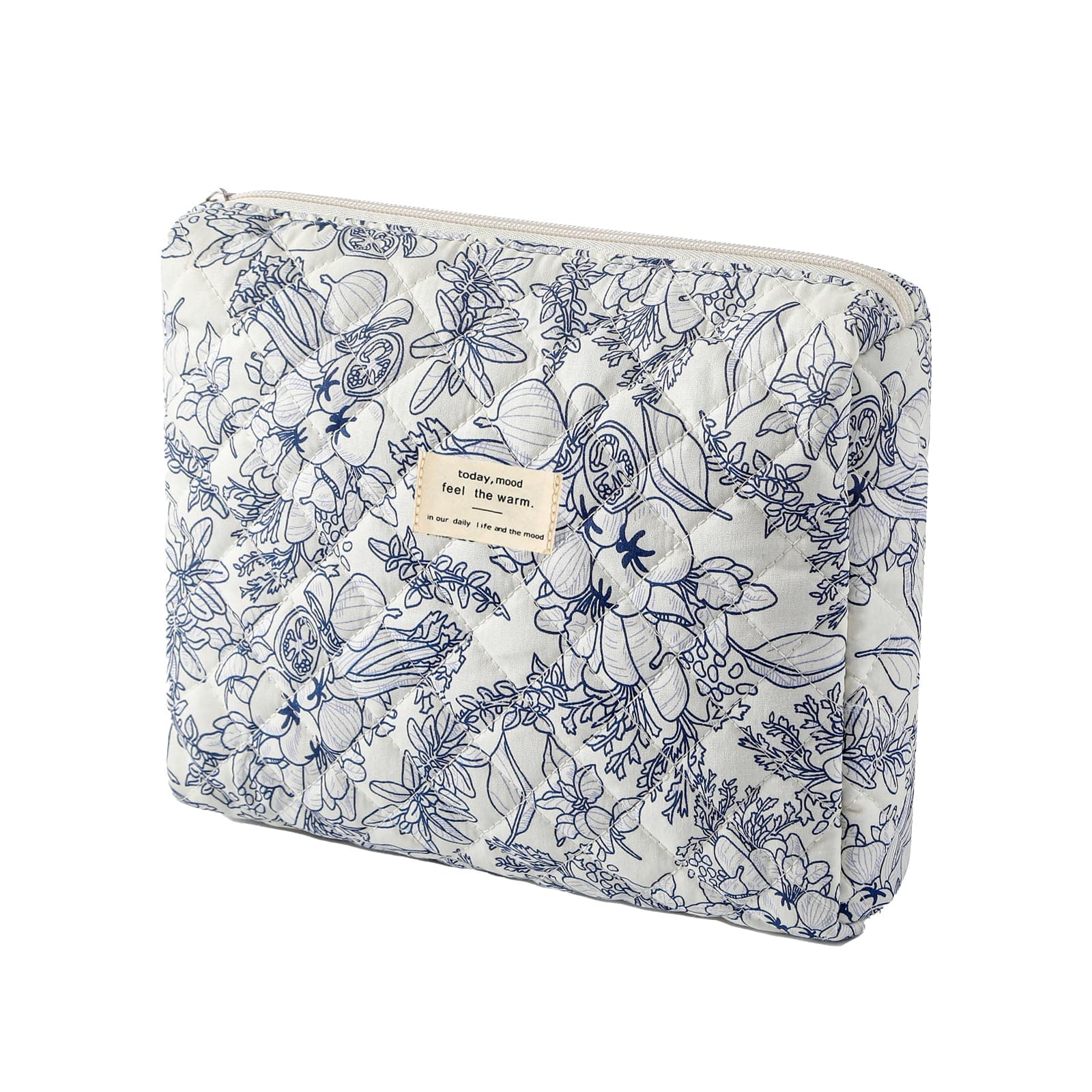 uekeboag Quilted Cotton Makeup Bag,Coquette Quilted Toiletry Bag for Women and Girls,Floral Coquette Pouch,Cute Kawaii Travel Cosmetic Bags, Navy Blue Flower