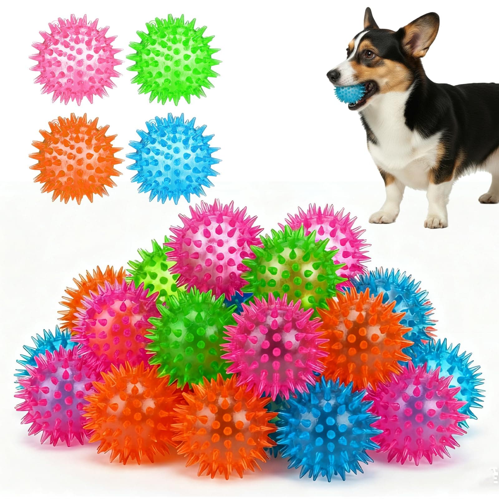 Nodaaiie 36 Pcs Squeaky Dog Toys, 2.5 Inch Spiky Rubber Chew Balls in 4 Colors, for Small Medium Dogs Teeth Cleaning, Fetch and Training Interactive Play