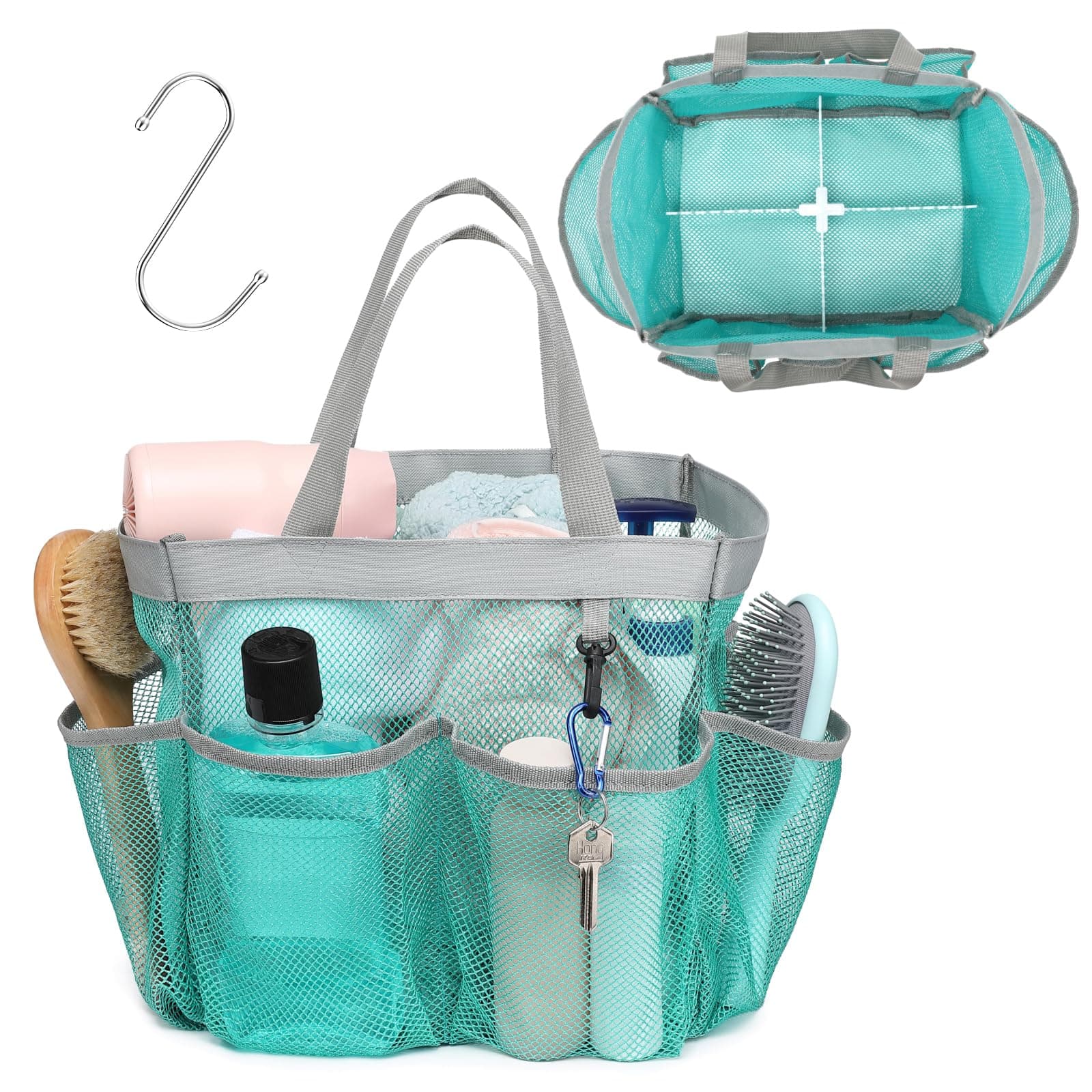 F-color Mesh Shower Caddy Portable with Dividers - Upgrade Deeper 7 Pockets Dorm Room Essentials with S Hook, Shower Bag Basket Tote for Guys Girls College Camping Toiletry Bathroom, Mint Green