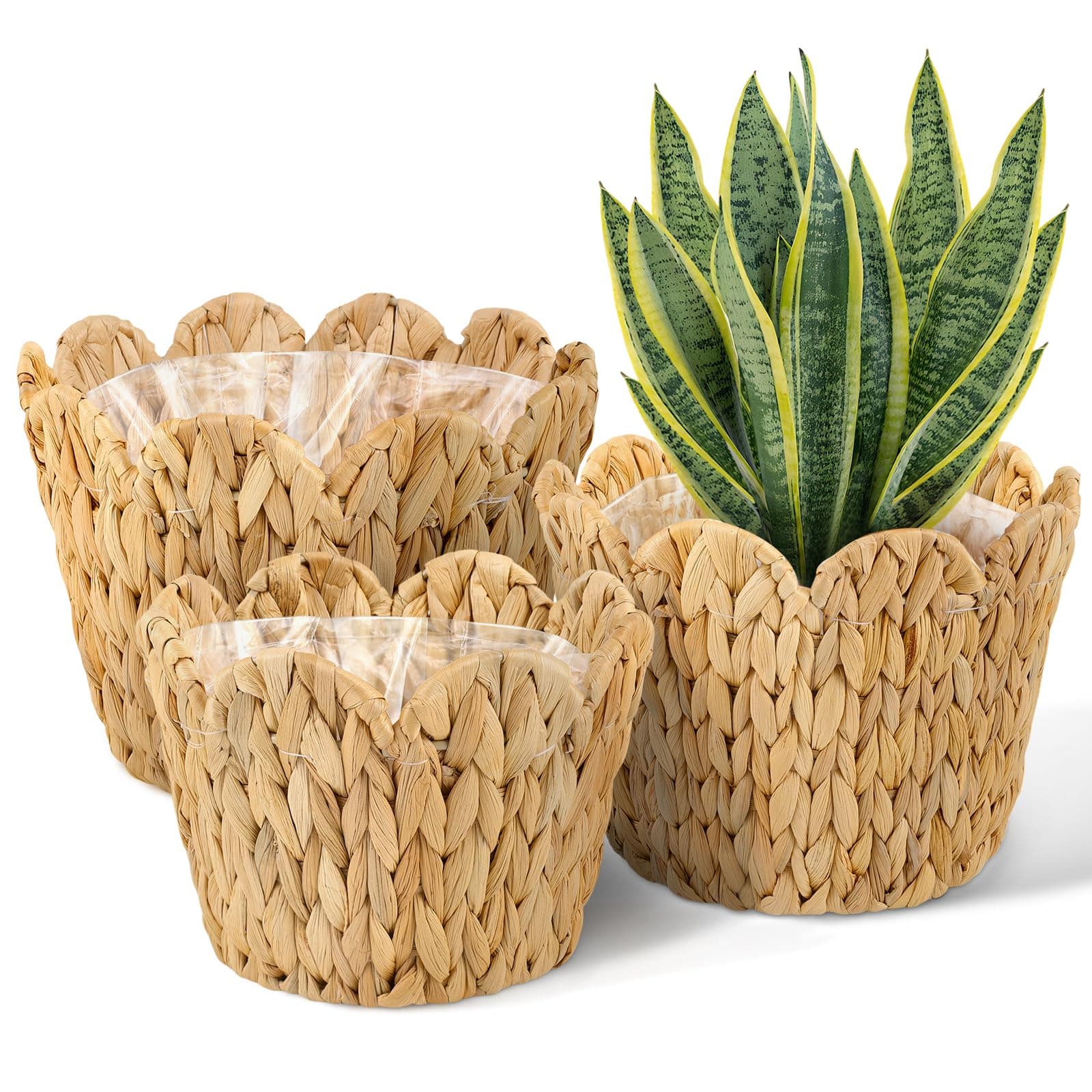 ZUNKNOD 3 Pack Wicker Scalloped Plant Basket, Plant Baskets with Plastic Liner for Indoor, Hand Woven Water Hyacinth Flower Pots Cover Rattan Planter Basket for Home Farmhouse Decor, 10.2"+8.7"+6.7"