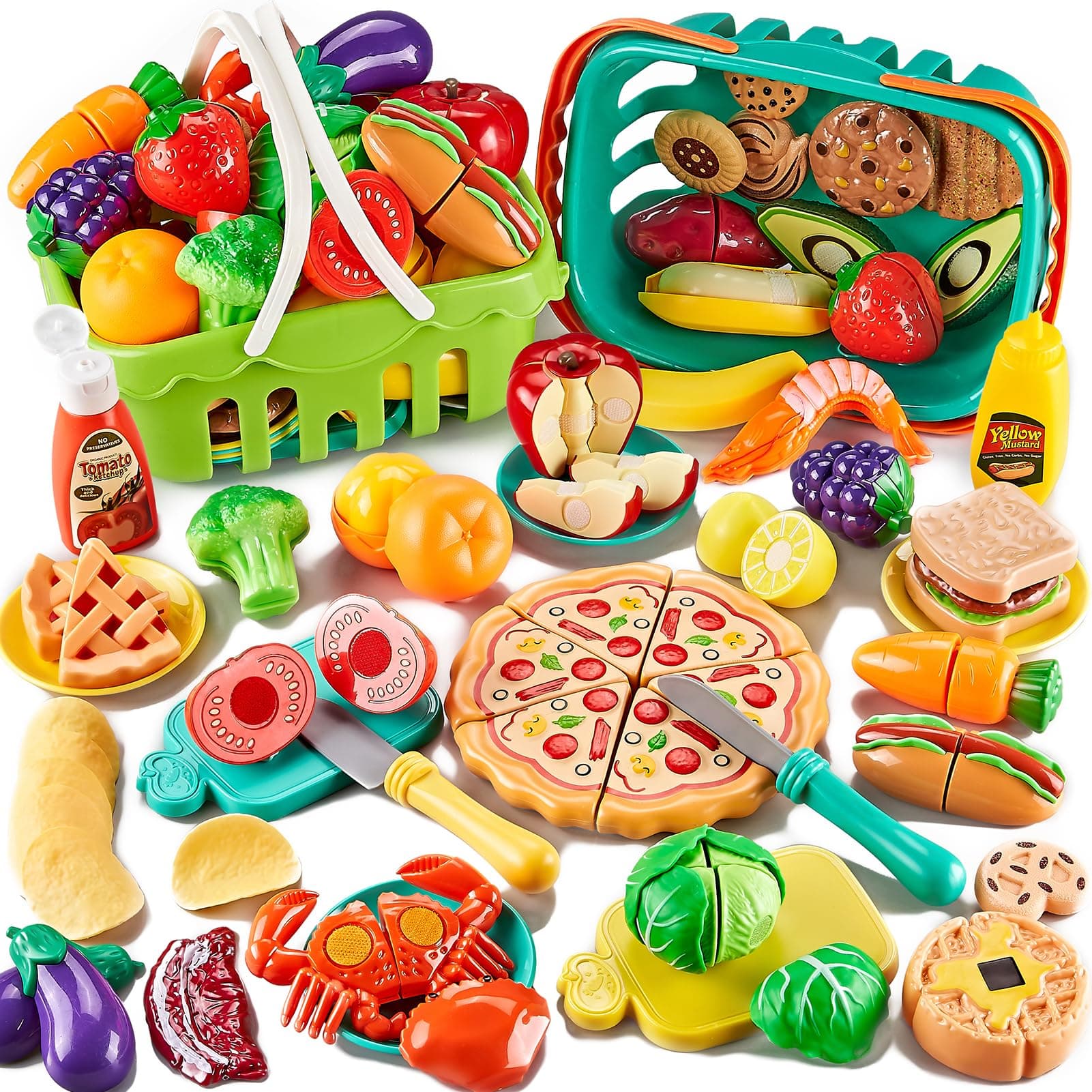 85Pcs Pretend Play Food Sets for Kids Kitchen, Cutting Toy with 2 Baskets, Fake Pizza Veggies Fruits and Dessert, Preschool Educational Learning Toys, Fine Motor Skills Toddler Boys Girls Gift Ideas.