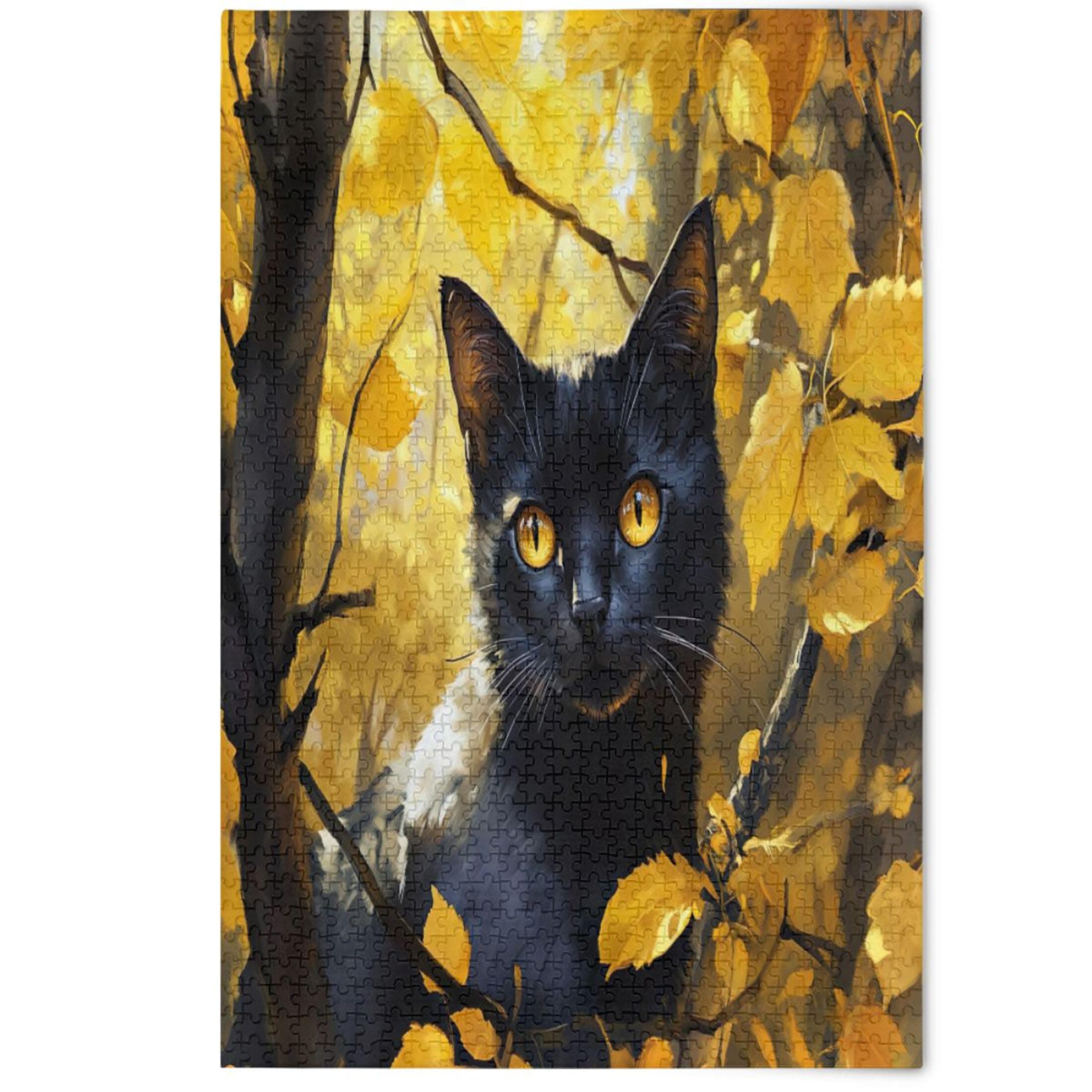 1000 Pieces Jigsaw Puzzles for Adults Aesthetic Home Decor Art Black Cute Cat Yellow Leaves Fun Art Puzzles Adults Fun Silly, 1000 Pieces, 29.5" x 19.7"