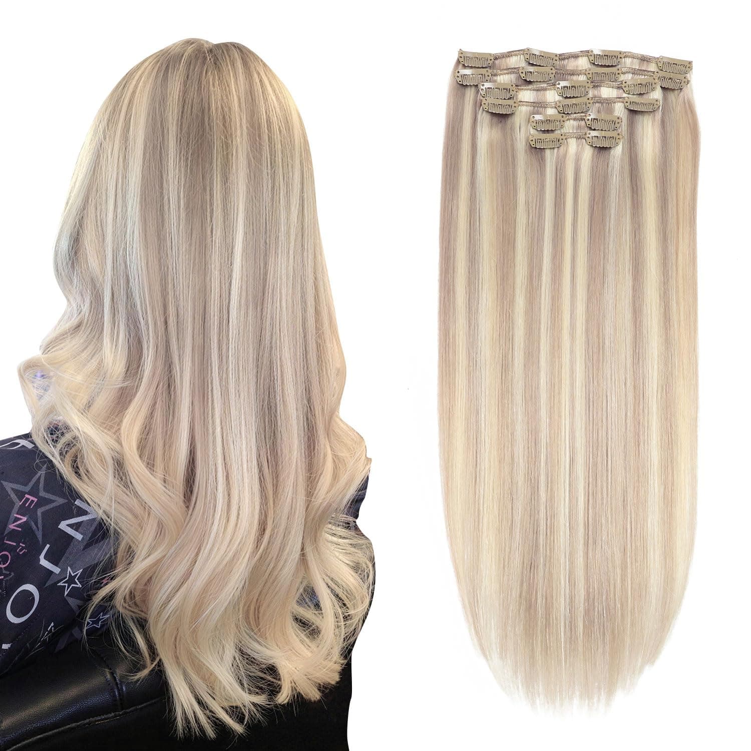 XDhair Clip in Hair Extensions Human Hair 18 Inch Blonde Highlights
