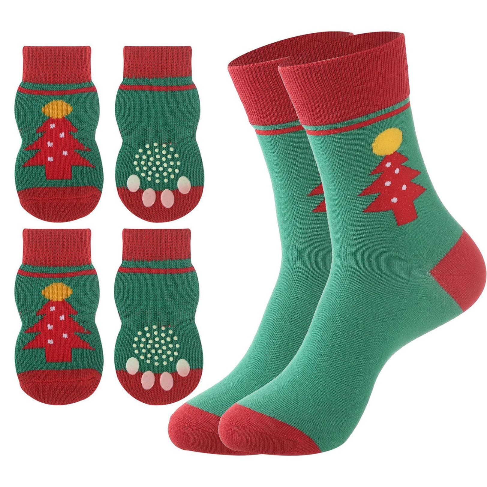 renvena Socks for Human and Dog Cute Coordinating Non-Slip Pet Booties Gift for Dog Mom Owner Accessories Christmas Tree X-Large