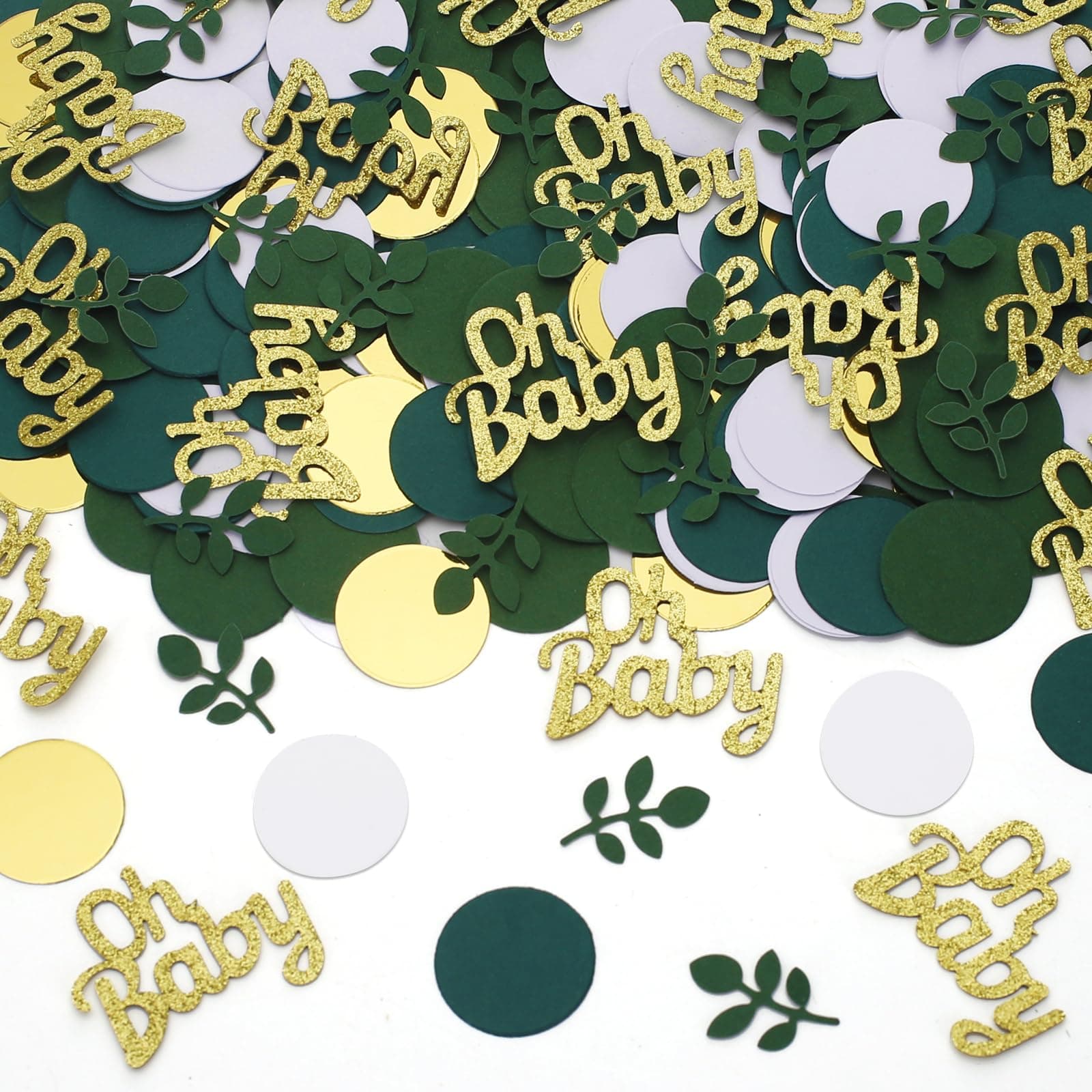 400Pcs Greenery Baby Shower Confetti Scatter Decorations Safari Jungle Centerpieces Green Gold White Confetti Dots with Eucalyptus leaves for Gender Reveal Decor Nursery Centerpieces Table Decorations