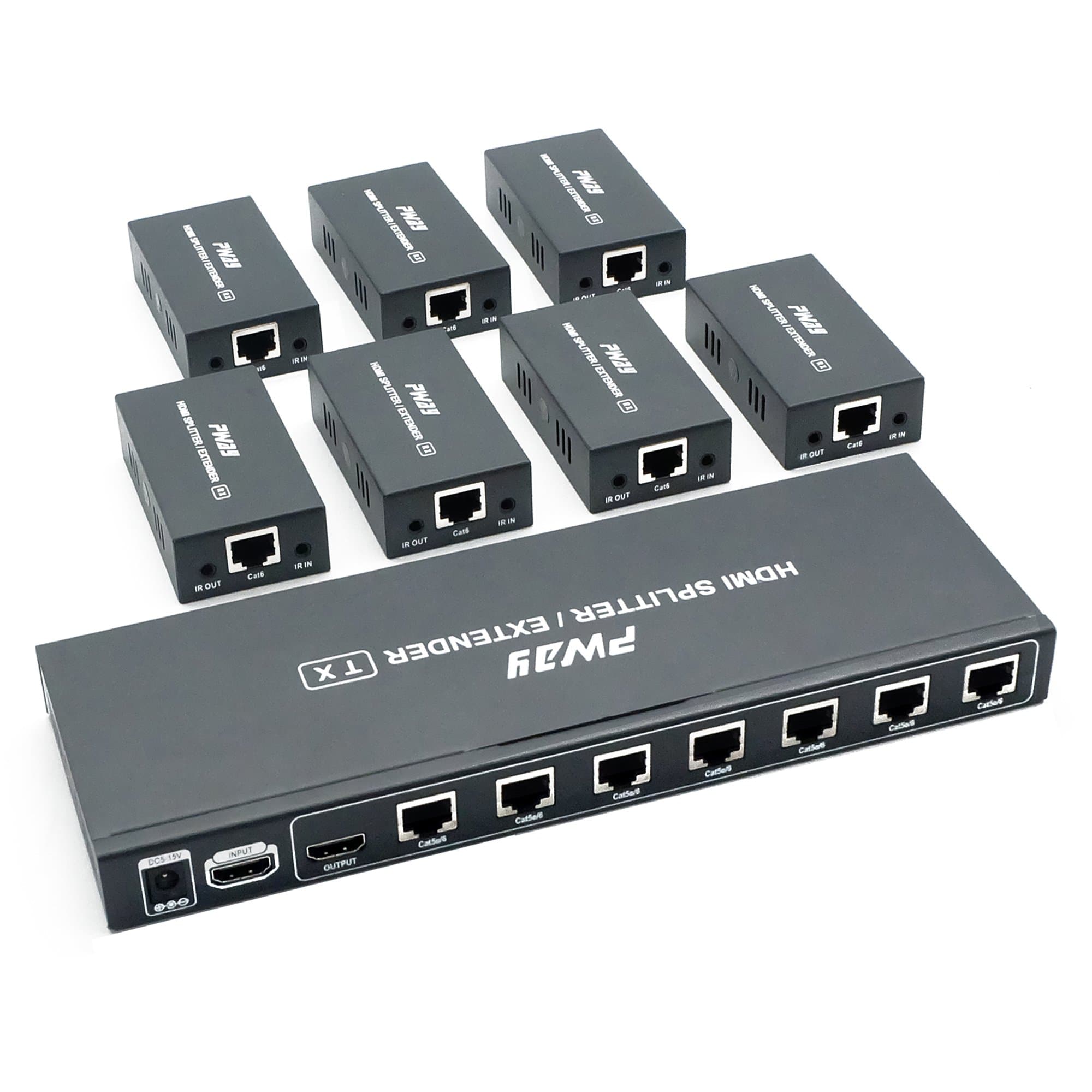 HDMI Extender Splitter Over Ethernet 1 in 7 Out Cat5e or 6/7 Up to 165FT 50m HD1080P 60Hz 3D with Port Loop Out Support EDID POC Suitable for Projection Exhibition Presentations