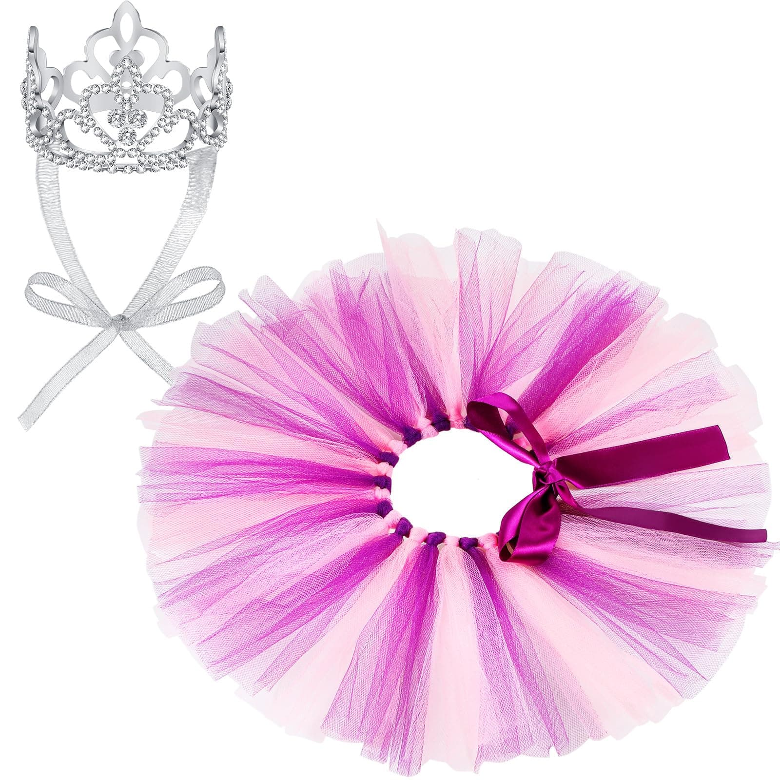 2 Pcs Dog Crown Headband Dog Tutu Dress Set Crystal Rhinestone Tiara Crown Tutu Skirt Pet Dress Costume for Puppy Birthday Party Wedding Photo Prop Costume(Medium,Pink Purple)