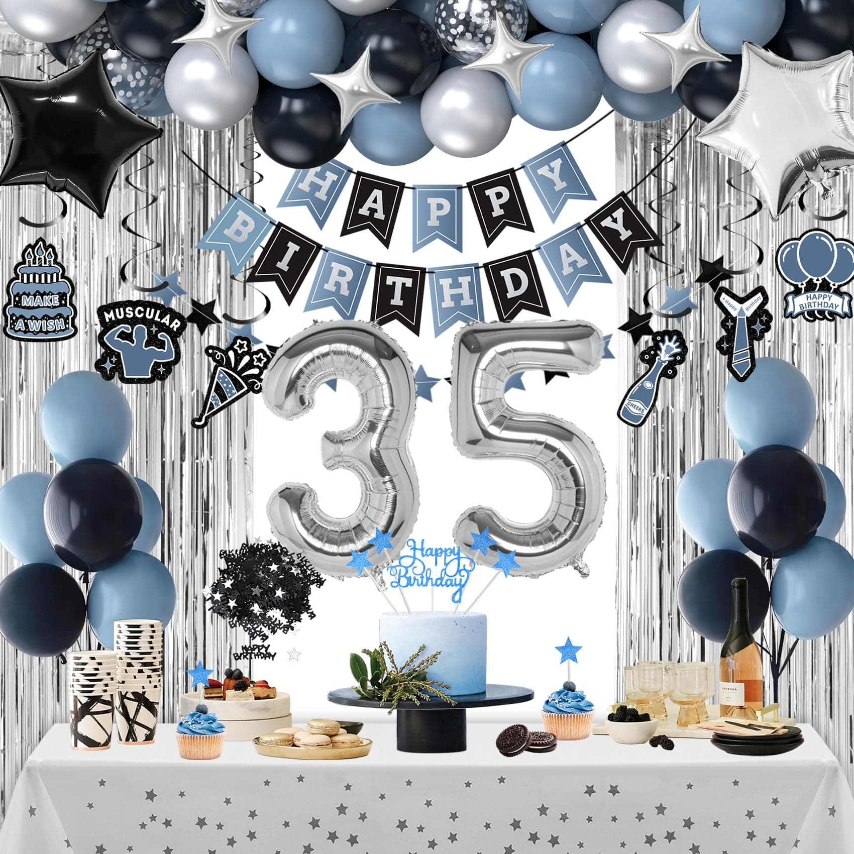 35th Birthday Decorations, Dusty Blue 35 Birthday Decorations for Men Women, Blue Sliver Black Birthday Party Decor with Happy Birthday Banner, Number Balloons, Foil Balloons, Swirl