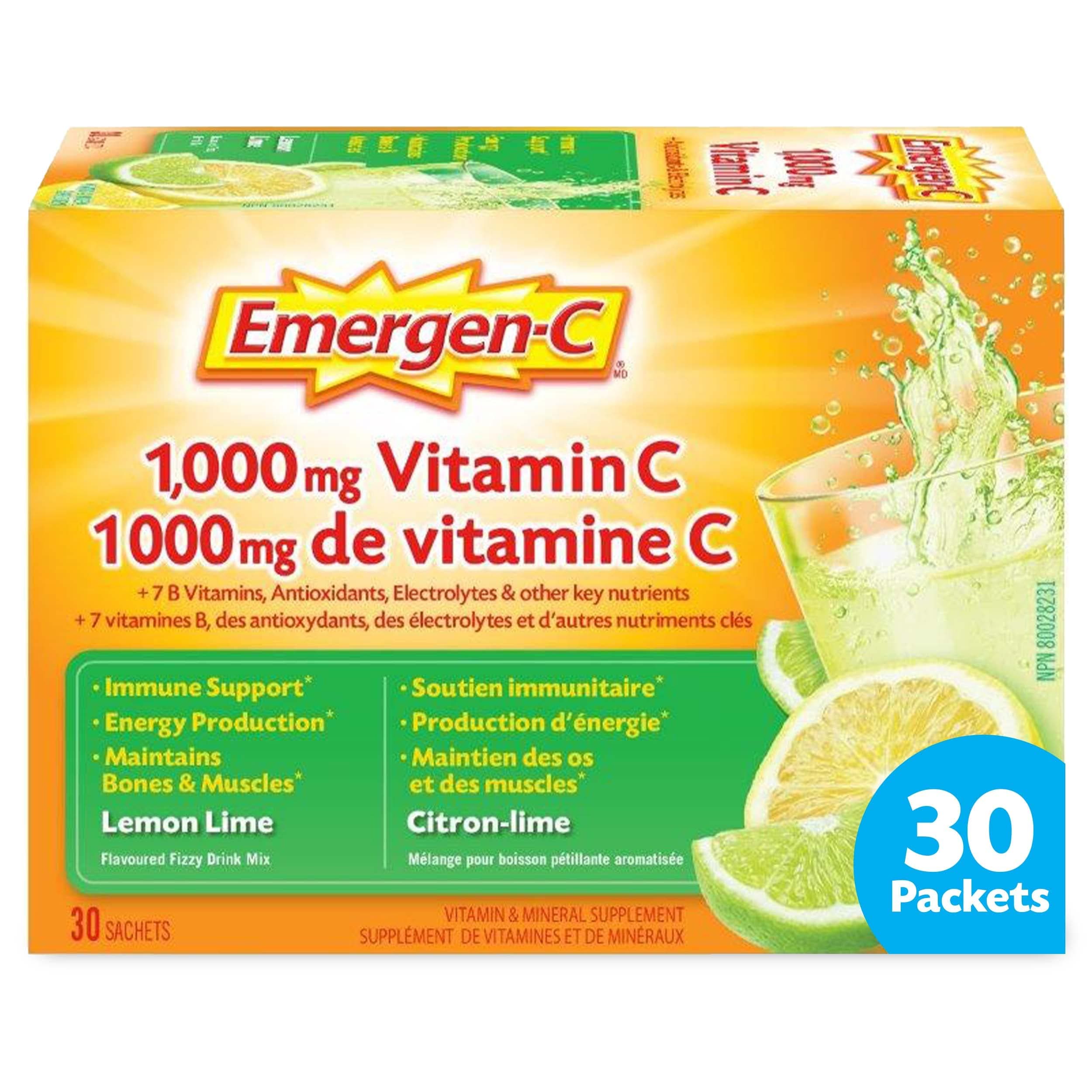 Emergen-C® Lemon-Lime (30 Count), 1000mg Vitamin C/Electrolytes/B Vitamins Mineral Supplement
