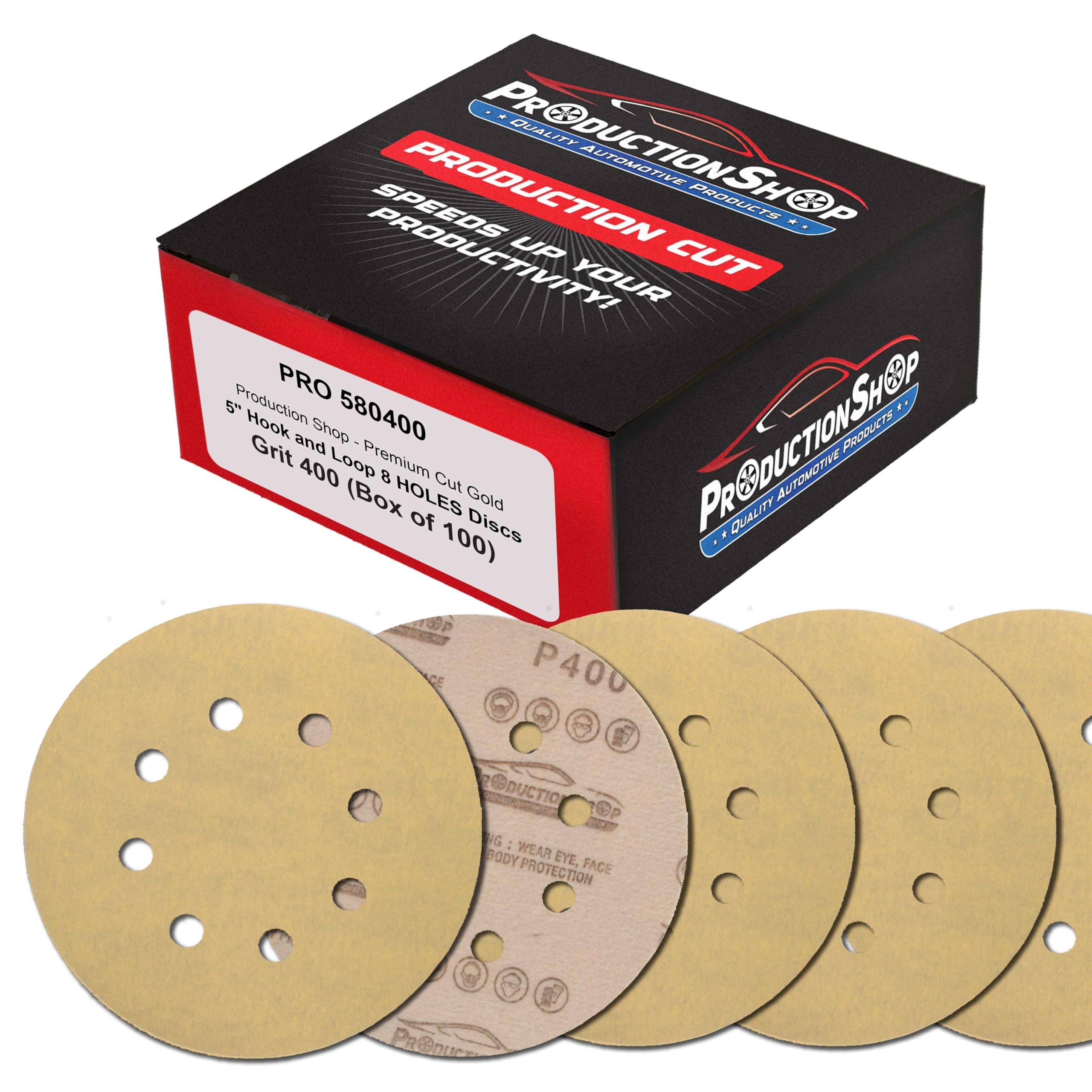 ProductionShop Premium 400 Grit 5" Gold Sanding Discs, 8-Hole Pattern, Box of 100 - Dustless Hook & Loop Backing Sandpaper for DA & Random Orbital Sanders, Sand Auto Paint, Wood Woodworking Furniture