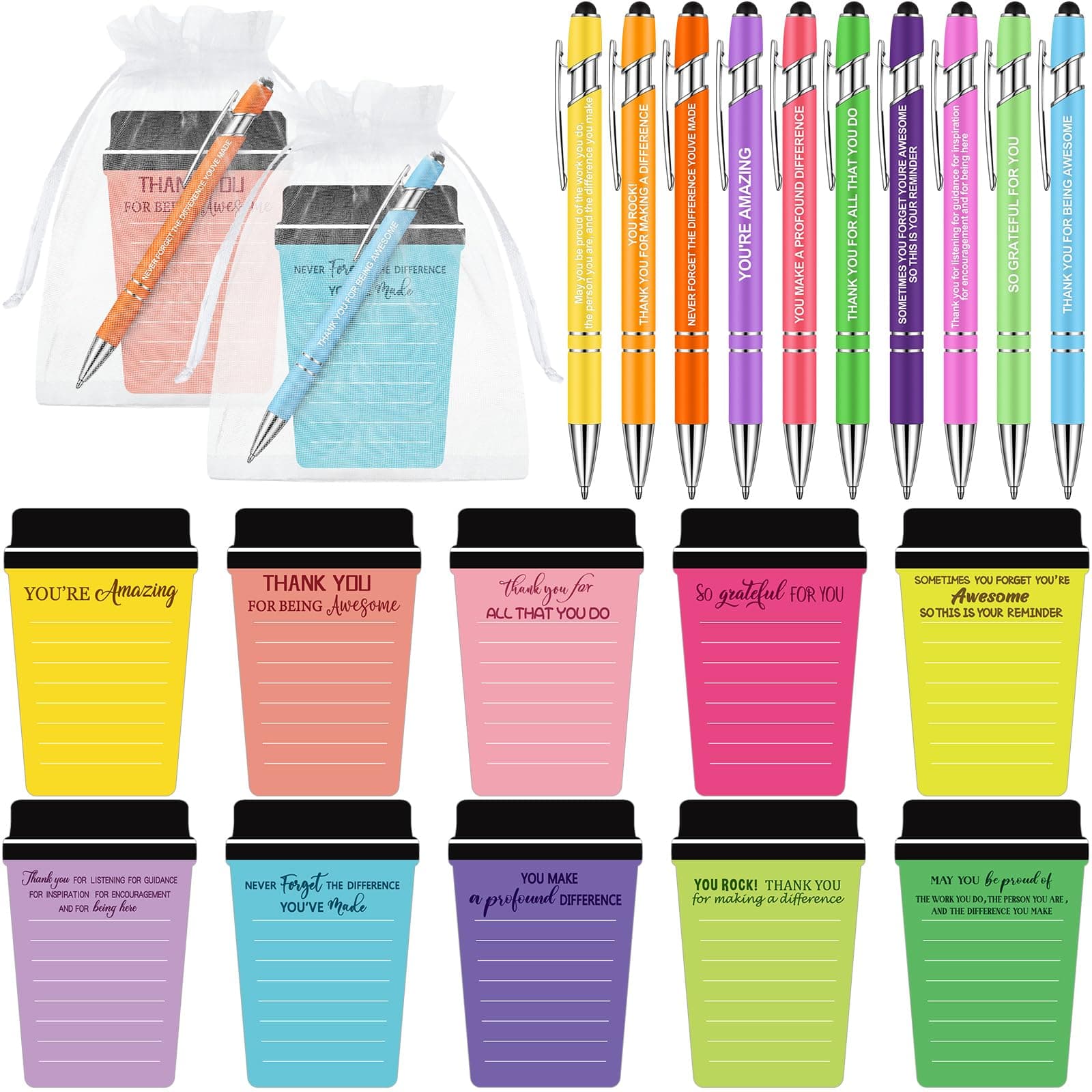 Kosiz 180 Pcs Thank You Coffee Cup Notepads with Ballpoint Pens and Organza Bags Inspirational Notepads Christmas Thank You Gifts for Teacher Employee Staff Team Nurse Christmas Stocking Stuffer Gifts