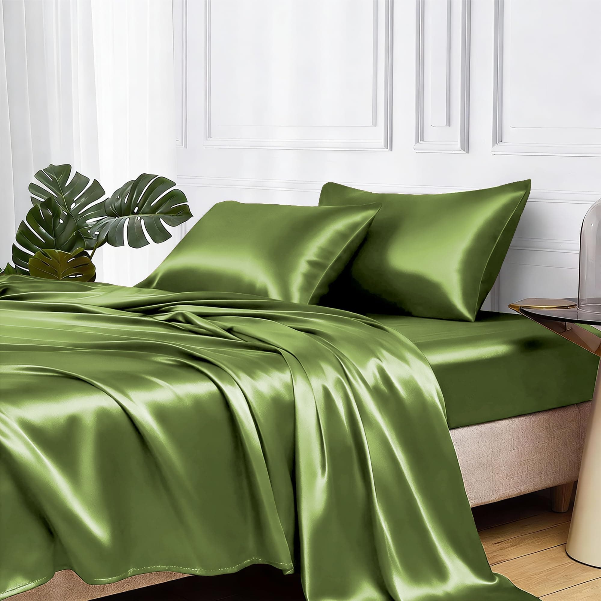 MR&HM Satin Sheets Queen Size with Elastic Corner Straps, Sage