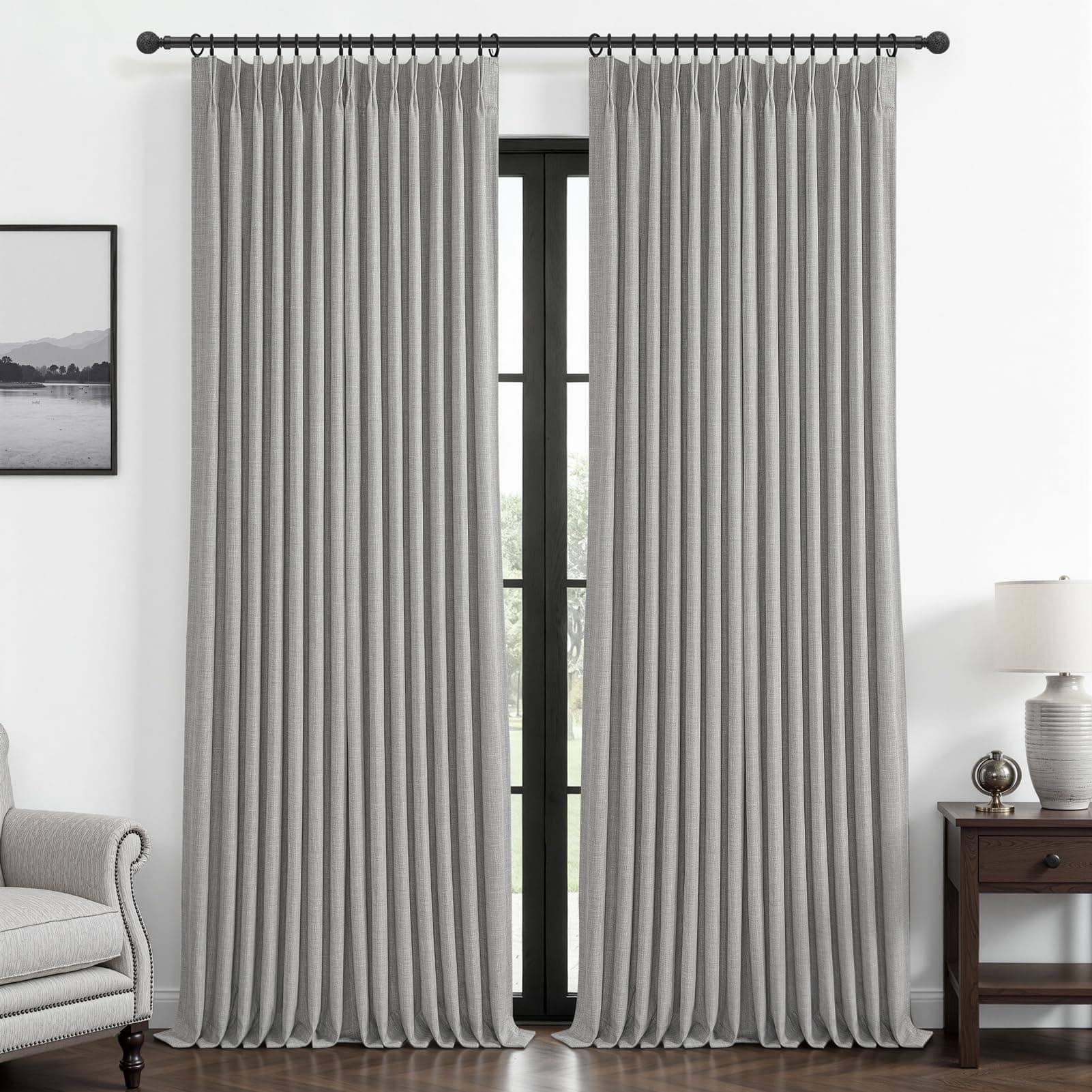 Blackout Light Grey Floor Length Curtains 105 Inches Long for Kids Room, Memory Trained Pleated Thick Linen Double Layer Insulated Noise Blocking Nursery Modern Windows Curtain & Drapes Panels of 2