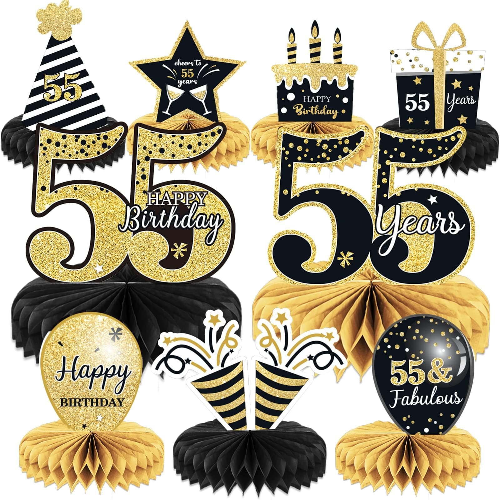 9 Pieces 55th Birthday decorations 55th birthday centerpieces for Tables Decorations Cheers to 55 Years Honeycomb Table Topper Happy 55th Birthday Decorations for Men and Woman Fifty-five Years