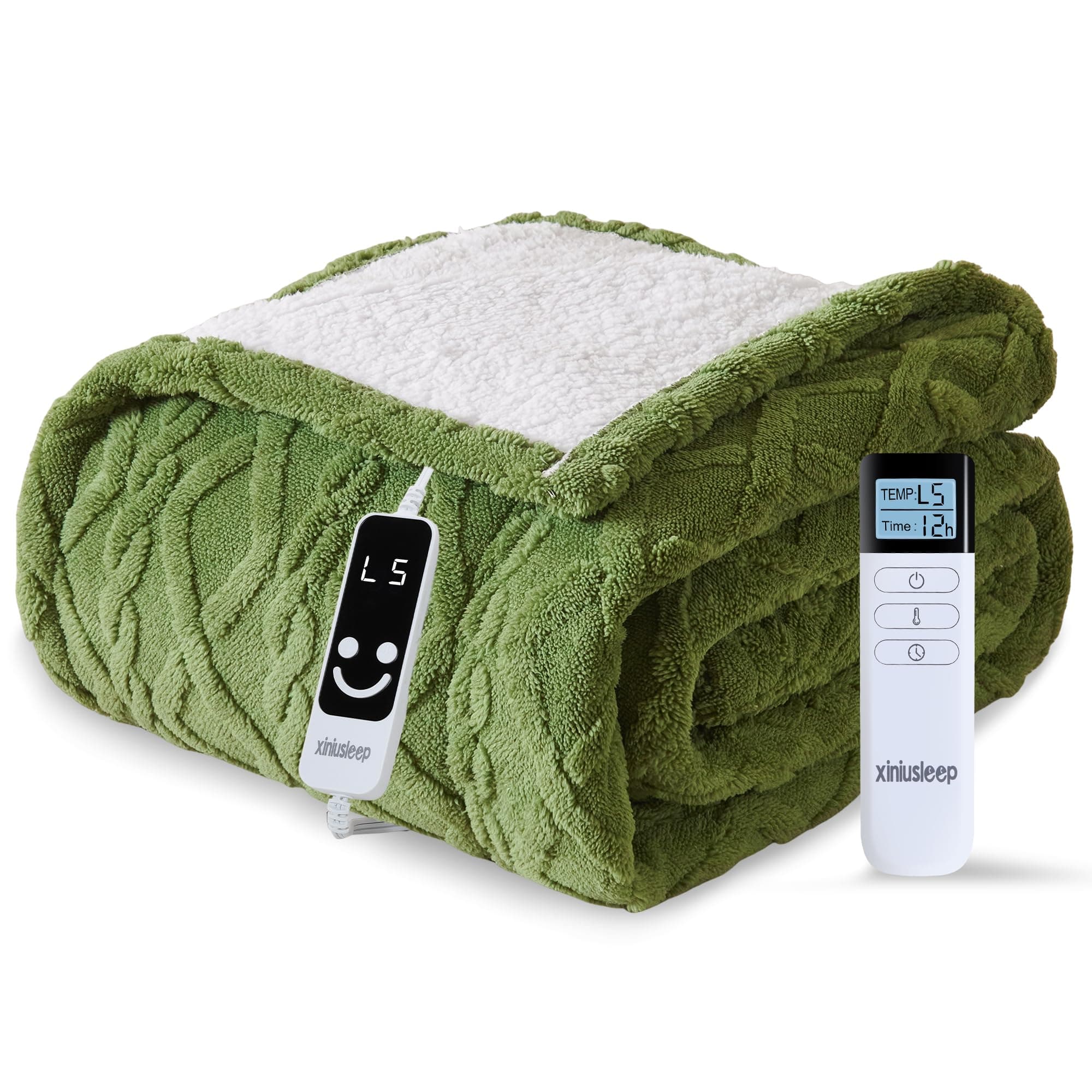 XINIUSLEEP Heated Blanket Electric Blanket 62"x84", Soft Taffeta Sherpa Electric Throw with 5 Heating Level & 1-12 Hour Auto Off, Heated Throw with Overheating Protection, Machine Washable(Dark Green)