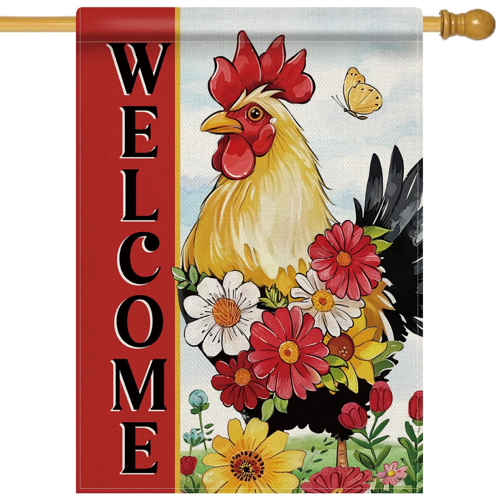 Dyrenson Welcome Spring Summer Rooster 28 x 40 House Flag Double Sided
